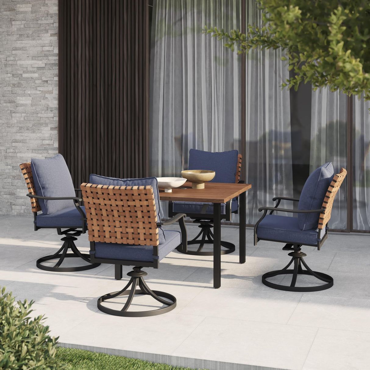 Grand patio 5-Piece Outdoor Dining Set, 4 Leather-Look Wicker Swivel Blue Patio Chairs & 1 Square Woodgrain Dining Table, Brown Grand patio