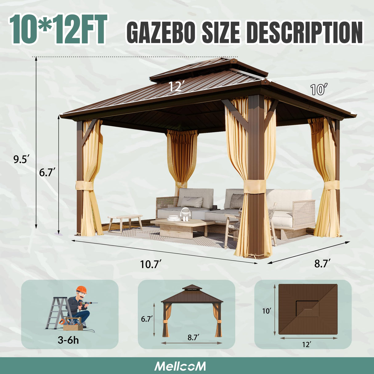 MELLCOM Hardtop Gazebo 10x12, Heavy Duty Galvanized Steel Double Roof with Stylish Vertical Stripes, Nettings and Curtains Included MELLCOM