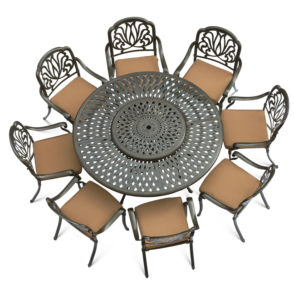VIVIJASON 9-Piece Patio Furniture Dining Set, Rust-Free Cast Aluminum Outdoor Conversation Set, Include 8 Cushioned Chairs & 61" Round Dining Table with 31" Lazy Susan, Umbrella Hole, Khaki VIVIJASON