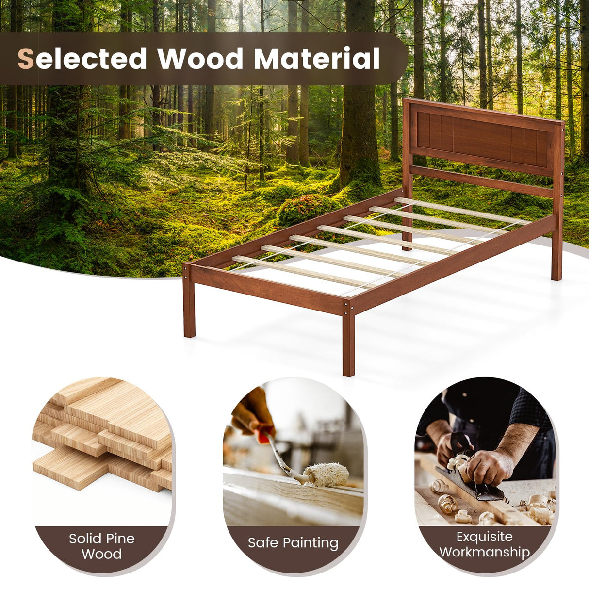 KOMFOTT Twin Size Wood Platform Bed Frame with Headboard, Solid Wood Bed Frame with Slat Support, Under Bed Storage, 16-Inch Mattress Foundation Bedroom Furniture, No Box Spring Needed KOMFOTT