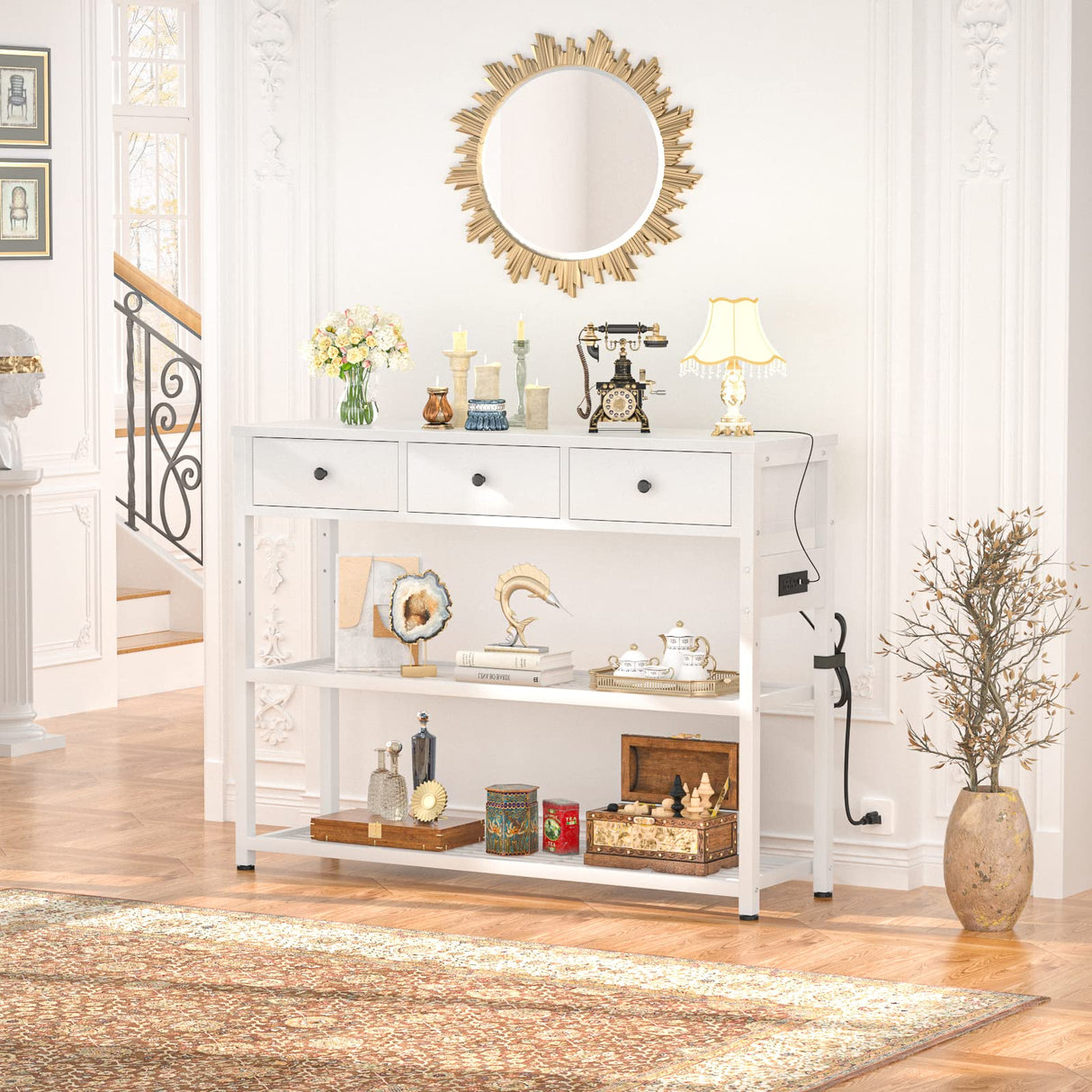 Ecoprsio 47'' Entryway Table with Outlets and USB Ports, Console Table with 3 Drawers, Sofa Table Narrow Long with Storage Shelves for Living Room, Couch, Hallway, Foyer, Kitchen Counter, White Ecoprsio