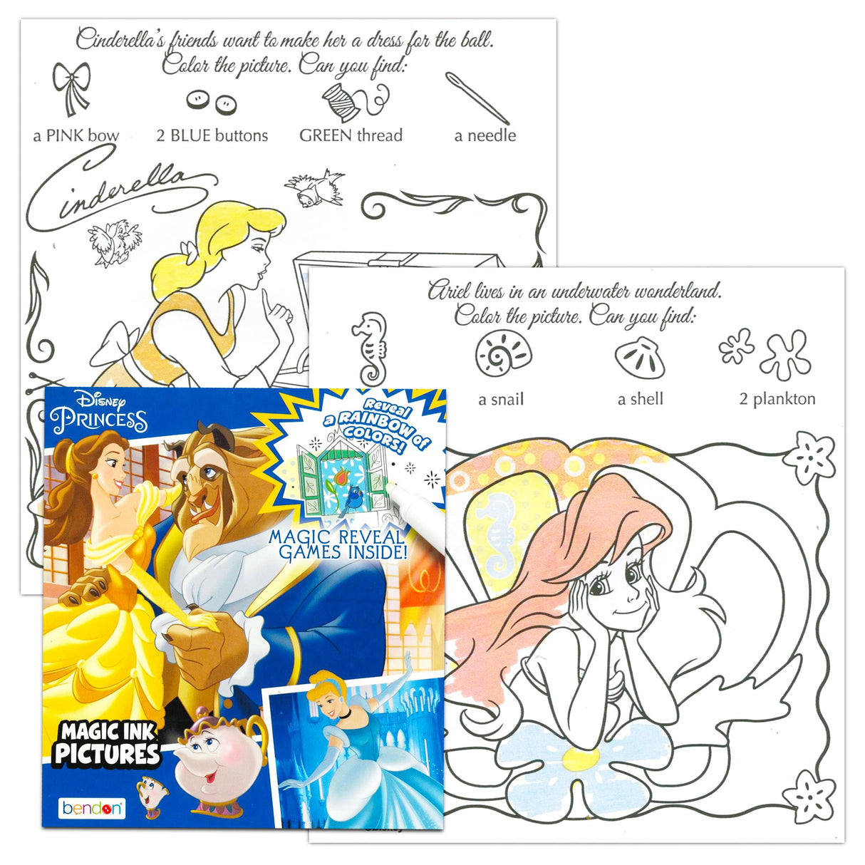 Disney Princess Magic Ink Coloring Book Set - Bundle of 3 Imagine Ink Books for Girls Kids Toddlers Featuring Disney Princess, Moana, and Minnie Mouse with Invisible Ink Pens and Stickers Disney