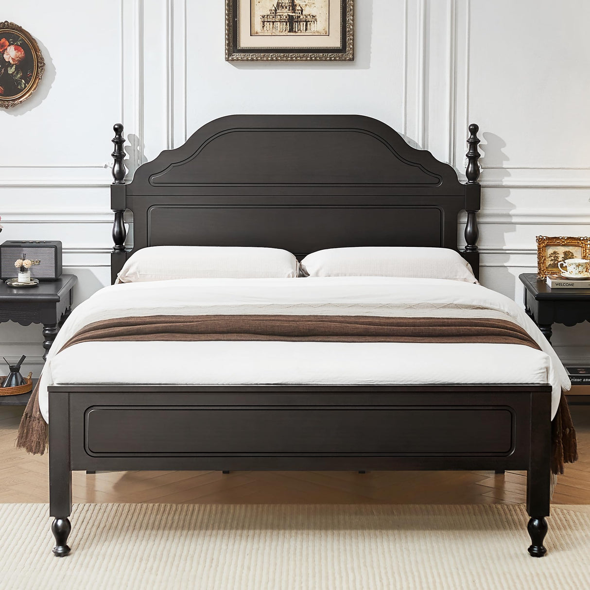 BedsPick Solid Wood Bed Frame Queen Size, Wooden Retro Style Queen Bed Frame with Headboard and Footboard, Heavy Duty Bed Frame with 12 Wood Slats Support,No Box Spring Needed,Noiseless, Dark Brown BedsPick