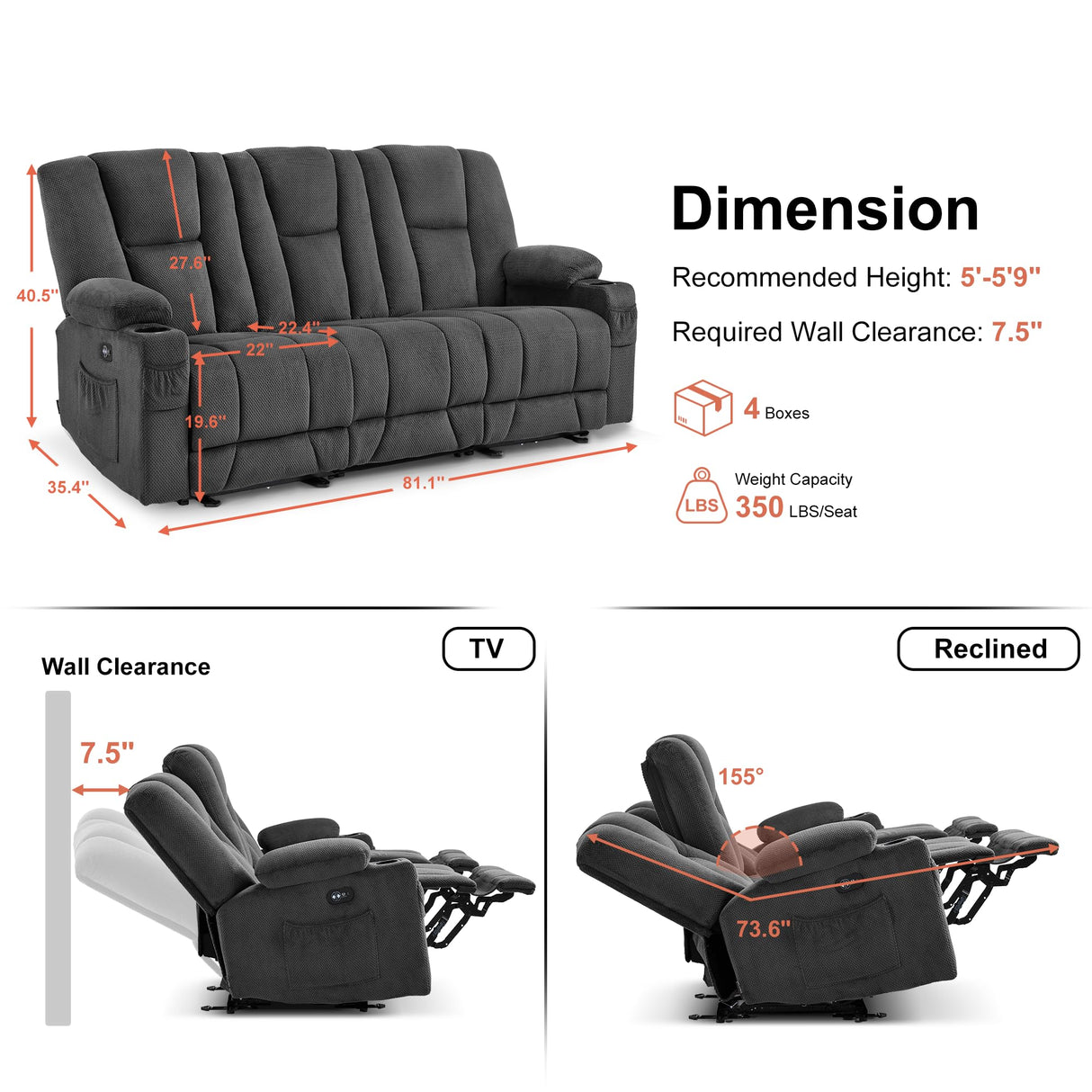 MCombo Zero Gravity Power Reclining Sofa with Heat and Vibration Massage, 3 Seater Reclining Couch with USB Ports, Cup Holders for Living Room, Fabric 6035SET (Grey, 3 Seater) MCombo