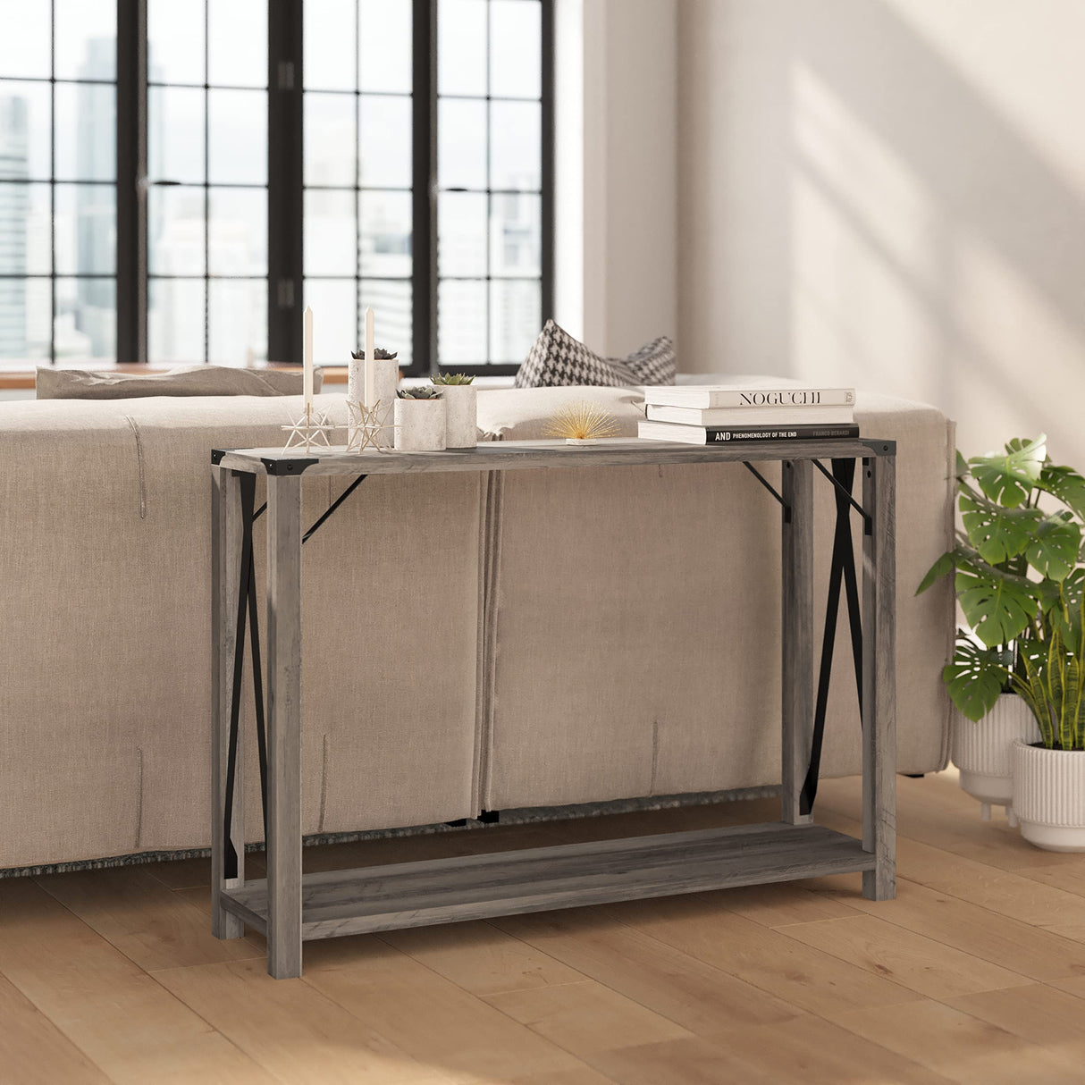 Taylor & Logan Willard Gray Wash Wood Two Tier Modern Farmhouse Console Table with Black Metal Corner Accents and Cross Bracing Taylor & Logan