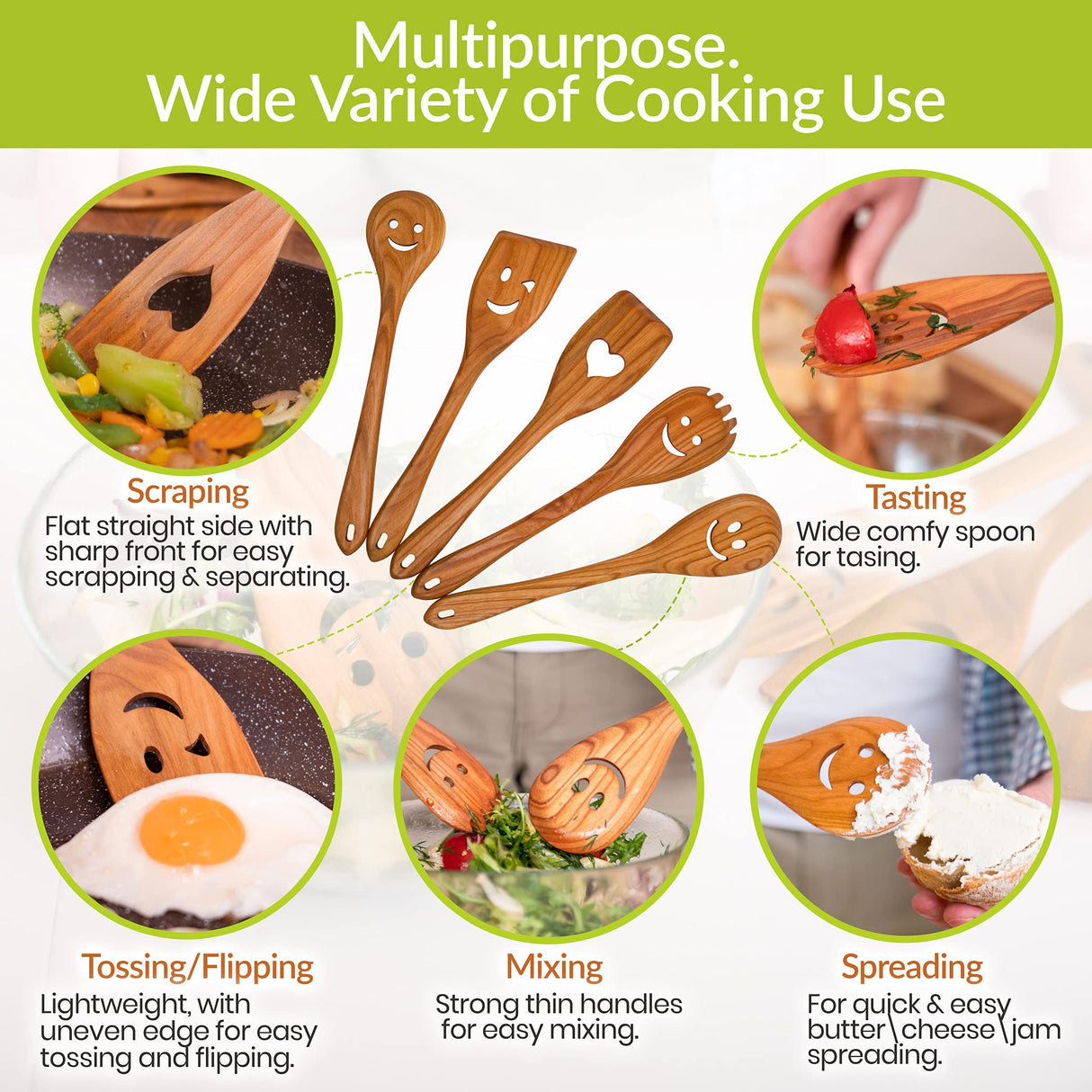 MFC 5-Piece Wooden Cooking Spoons - Kitchen Spatula Set from Natural Cherry Wood - Wooden Spoons for Cooking - Funny Wooden Utensil Set with Smiley Faces - Cooking Multipurpose Wooden Utensils MyFancyCraft