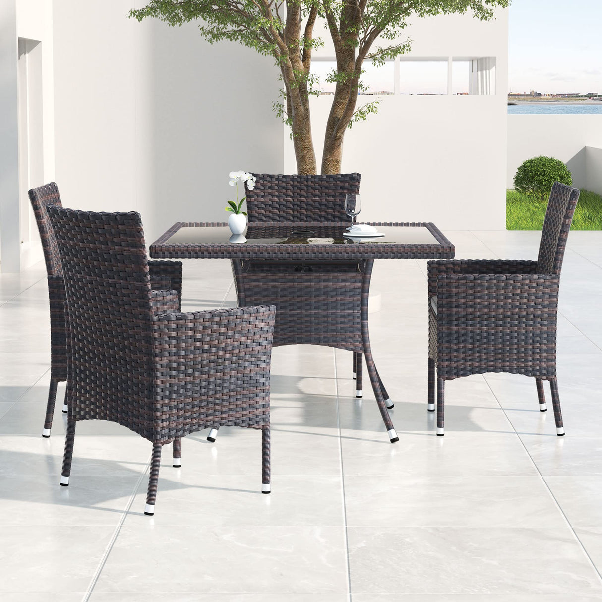 Kullavik 15-piece Outdoor Dining Set,All-weather Wicker Table and Chairs Patio Furniture Set for Garden with Grey Cushions,Square Glass Table Top with Umbrella Cutout,8 Chairs Kullavik