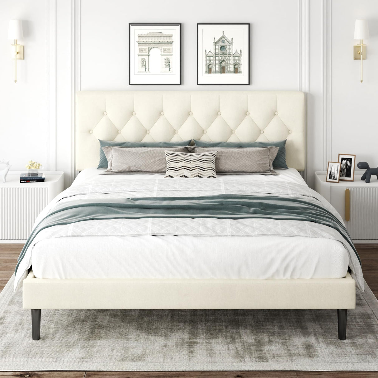 CXVX King Size Bed Frame with Upholstered Headboard, Button Tufted Design, Strong Wooden Slats, No Box Spring Needed, Easy Assembly, Noise Free CXVX