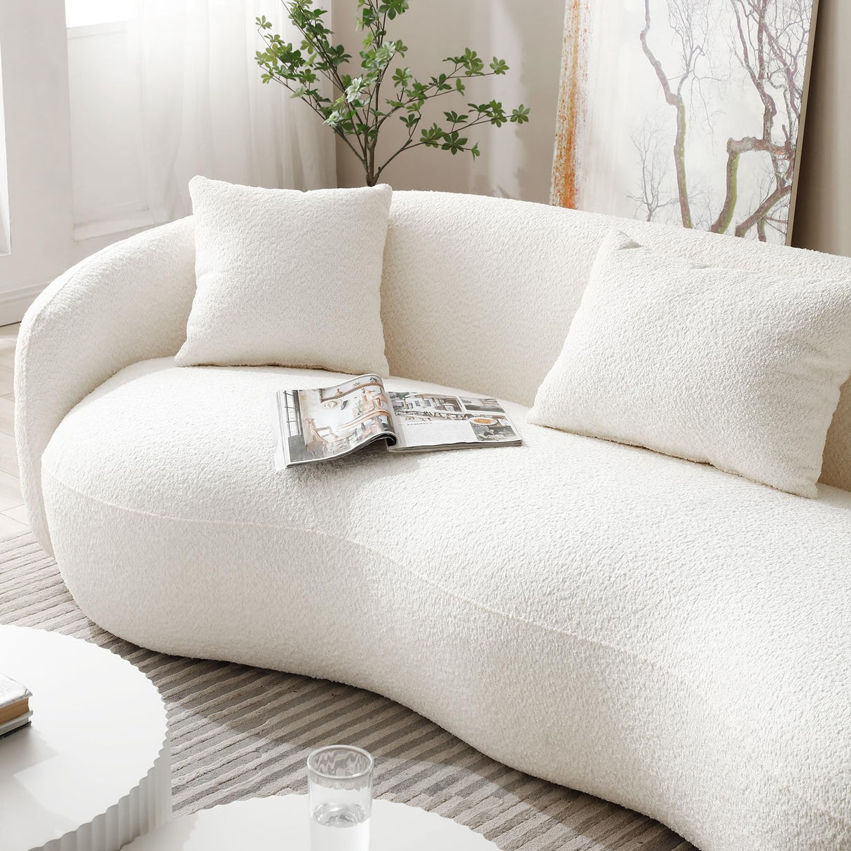 mr.waiba 94” Modern Elegant Curved Sofa Mid-Century Luxury Style Curved Back Comfortable Boucle Curved Sofa for Bedroom, Office, Apartment 4 Seater Fabric Sofa (Beige White) mr.waiba