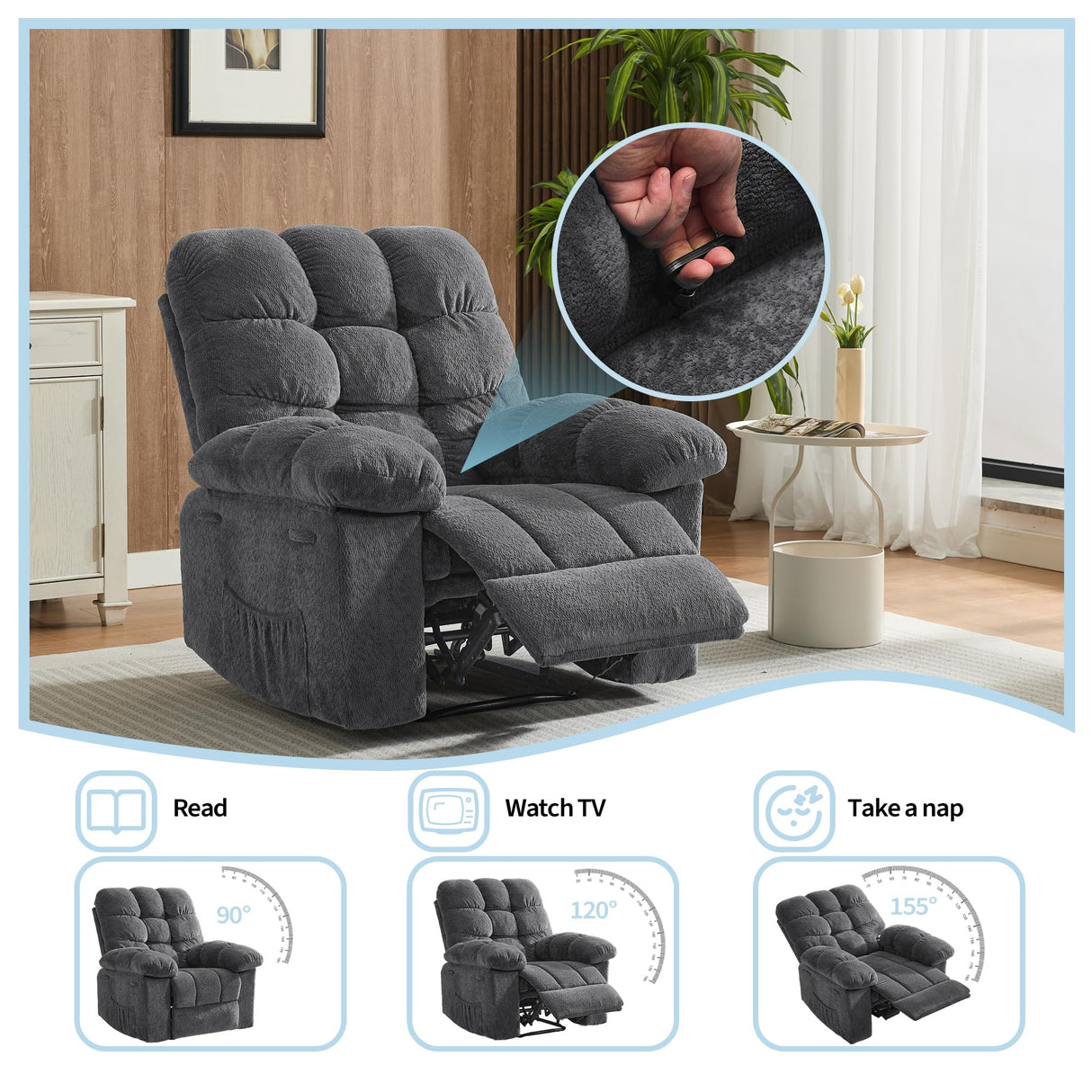 Oversized Swivel Rocker Recliner Chair for Adult, Ergonomic Nursery 360° Swivel Rock Recliner, Extra Wide Manual Recliners,Upholstery Overstuffed Soft Rocking Sofa Chair,Gray SLEKVERSA