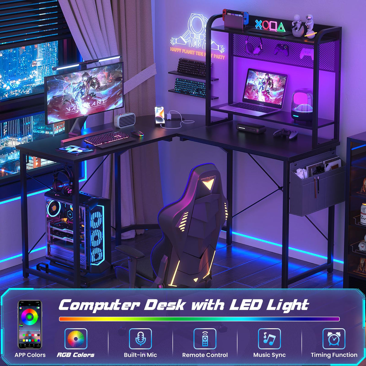 Besiost L Shaped Desk with Hutch, L shaped Computer Desk with Power Outlet and LED Lights, Reversible Corner Gaming Desk with Monitor Stand, L Shaped Desk Home Office Desk with Storage Bag, Black Besiost