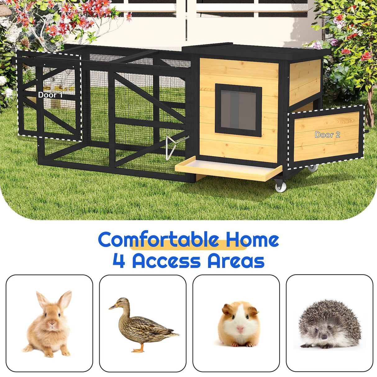 TIMHAKA 71'' Chicken Coop with Wheels, Outside Chicken House for 2-3 Chickens, Outdoor Wooden Mobile Duck Coops with Run & Waterproof Asphalt Roof, Removable Tray for Backyard Poultry Pet Hutch TIMHAKA