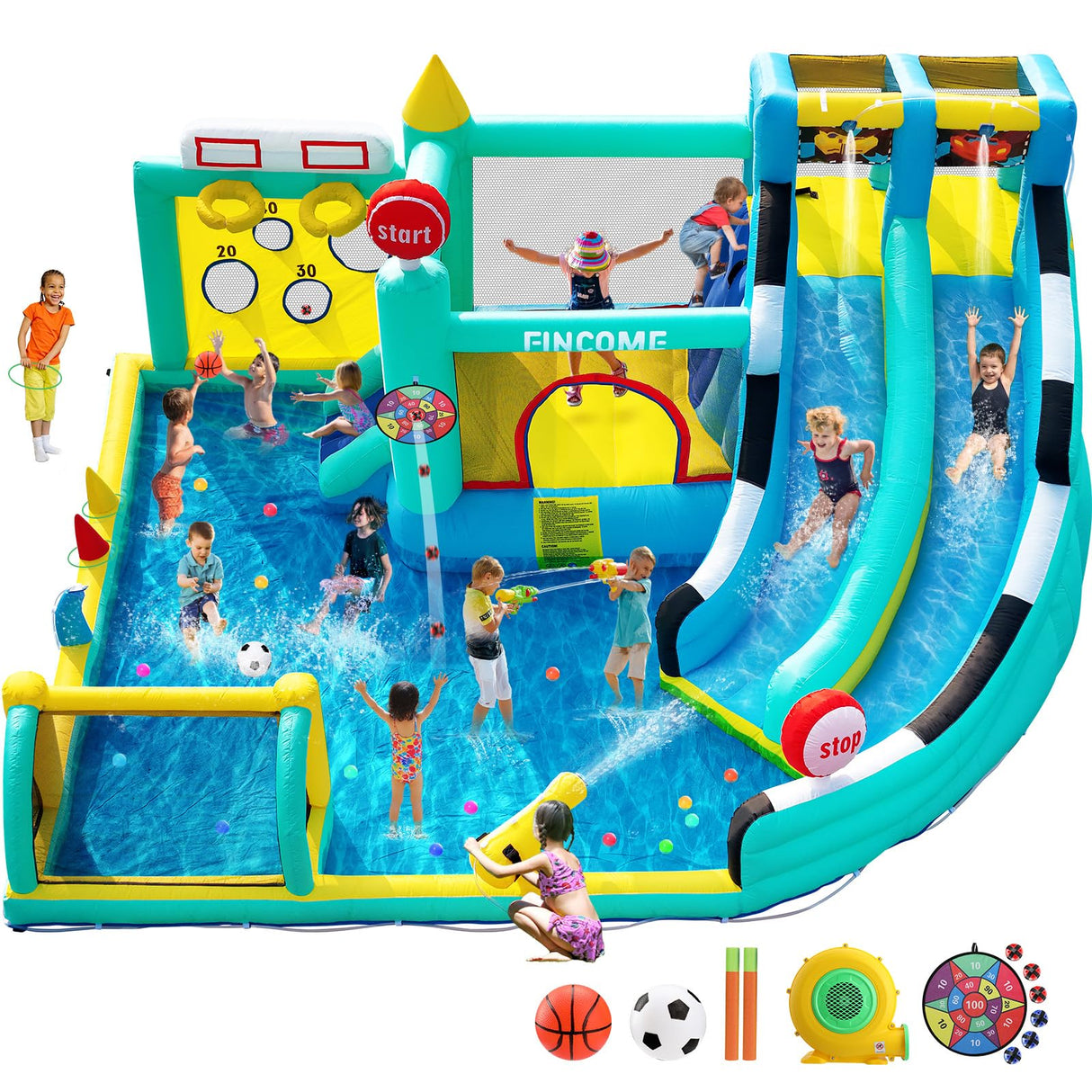 FINCOME Bounce House Double Slides for Kids 3-12, Large Bounce Castle with Air Blower 550W, Pool, Jumping, Climbing, Balls, Ring Toss, Inflatable Water Park for Birthday Party Holiday Outdoor Indoor FINCOME