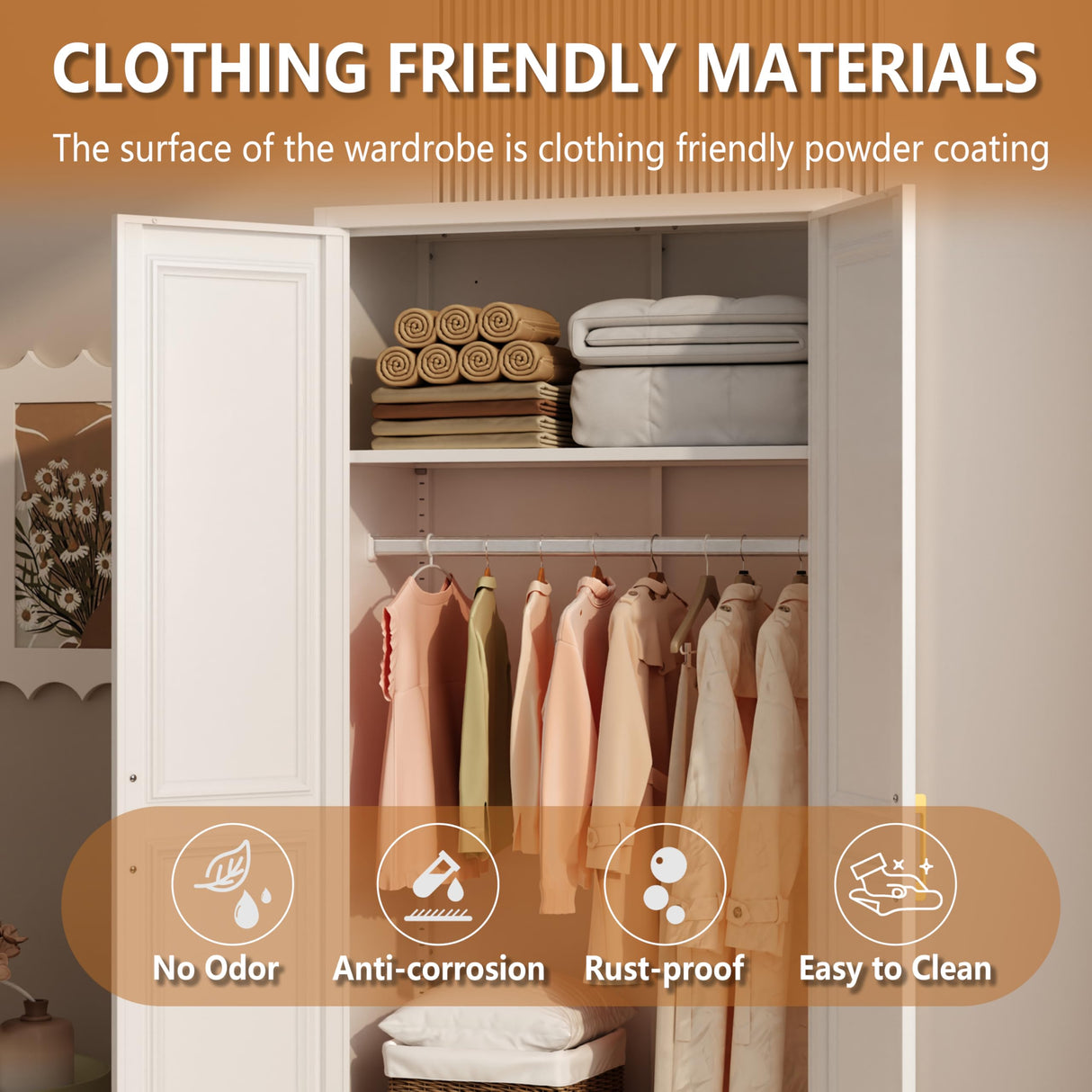 Polup Metal Armoire Wardrobe Closet with Doors and Shelves, 71" Tall Freestanding Wardrobe Cabinet for Hanging Clothes, Large Closet with Hanging Rod for Bedroom, White, Assemble Required Polup