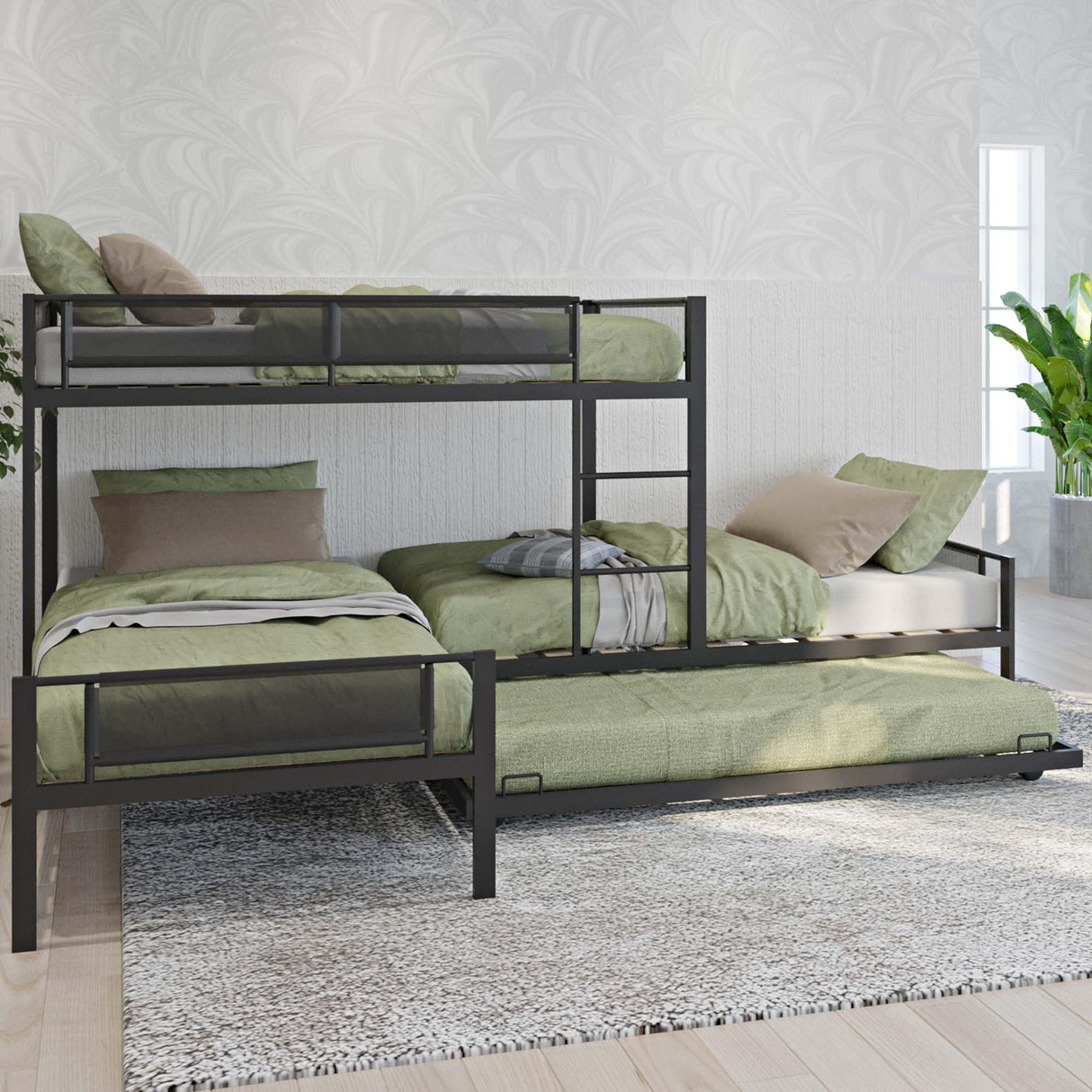 IHDKO Oversized L-Shaped Triple Bunk Bed with Trundle for Kids, Metal Quad Bunk Beds Twin Over Twin for 4 Kids, Modern 3 Bunkbeds with Ladders & Guardrails for Teens Girls Boys Adults, Black IHDKO