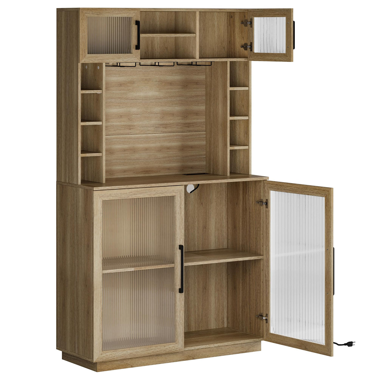 BELLEZE Coffee Wine Bar Cabinet with Power Outlet, 72" Rustic Liquor Cabinet, Tall Fluted Buffet Cabinet with Storage Kitchen Pantry Cupboard Wine& Glasses Rack Server with Hutch for Home Dining Room, BELLEZE