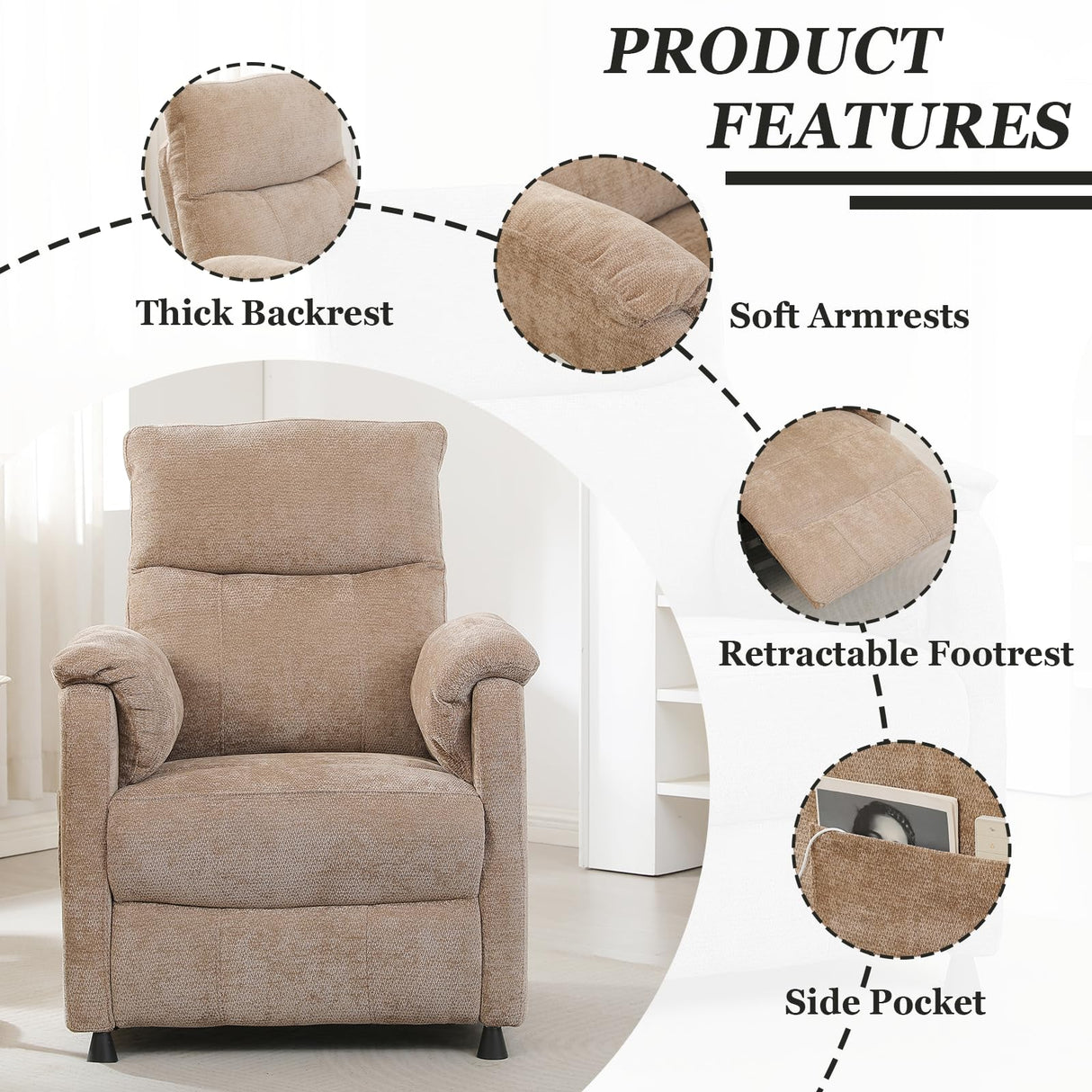 Chenille Power Recliner Chair for Living Room Bedroom|Electric|Remote Control|Side Pockets|Small|Adults (Brown) Anwick