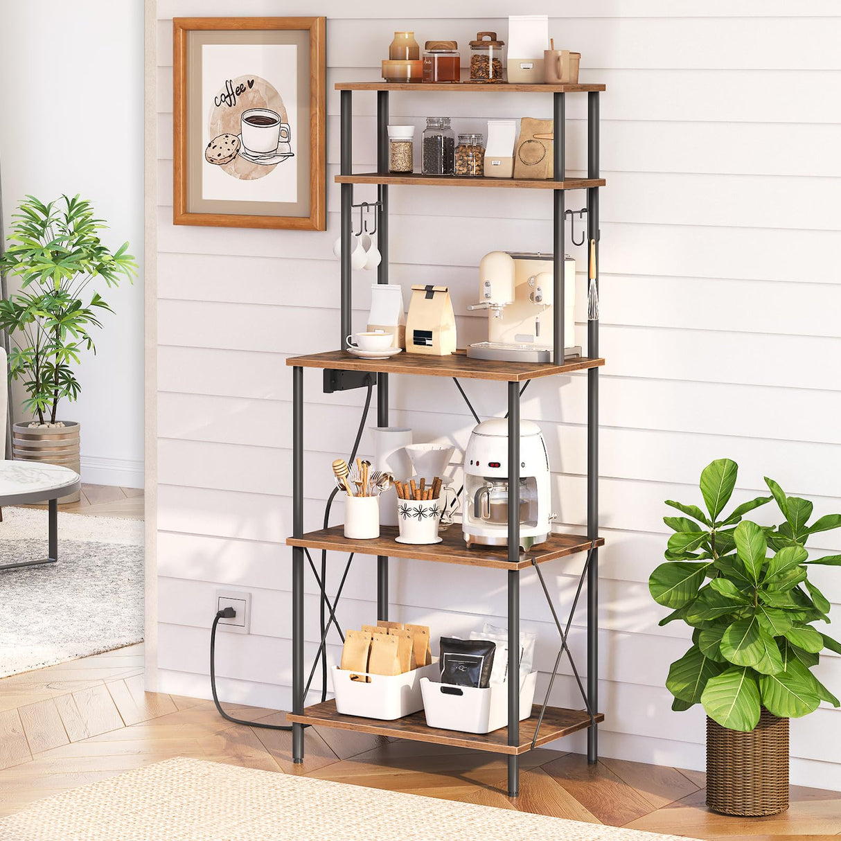 HOOBRO Kitchen Bakers Rack with Power Outlets, 5-Tier Microwave Stand, Coffee Bar with S-Shaped Hooks, Kitchen Storage Shelf Rack for Living Room, Dining Room, Rustic Brown and Black BF80UHB01 HOOBRO