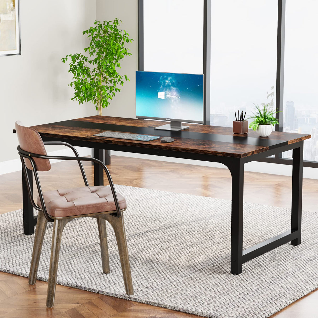 Tribesigns Modern Computer Desk, 63 x 31.5 inch Large Office Desk Computer Table Study Writing Desk Workstation for Home Office, Rustic/Black Tribesigns