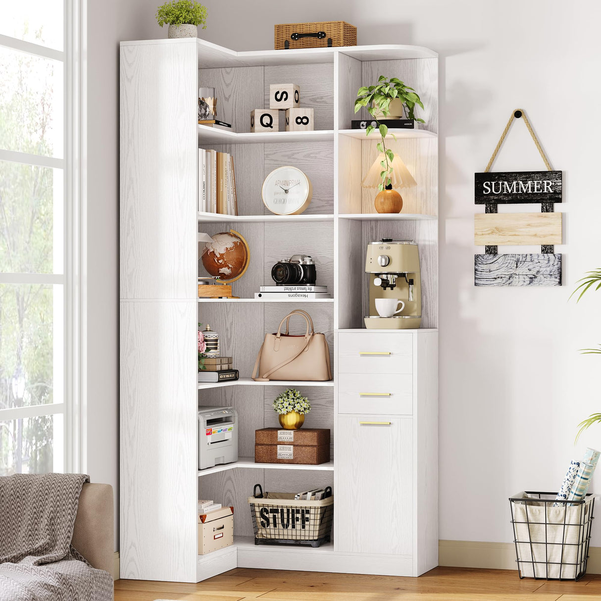 IRONCK Corner Bookshelf, 76" Tall Corner Bookshelves, 6 Tiers L-Shaped Bookcase with 10 Open Shelves and 2 Storage Drawers for Living Room or Home Office IRONCK