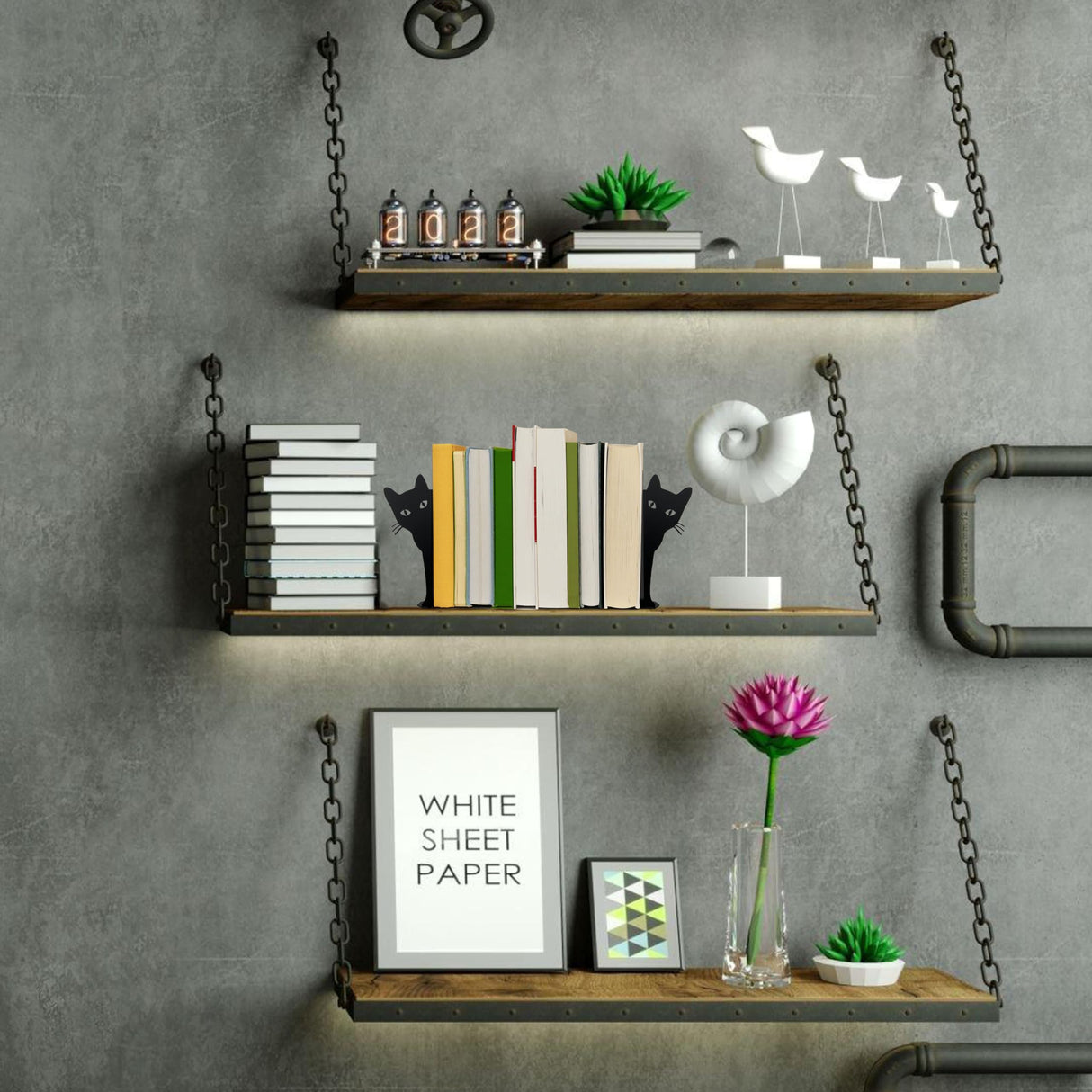 Peeping Cat Metal Bookends Cute Cat Book Ends for Shelves Bookshelf Decorative Objects Home Office Desk Bookshelf Decor Cat Lover Gifts for Women (Black) Ecqizer