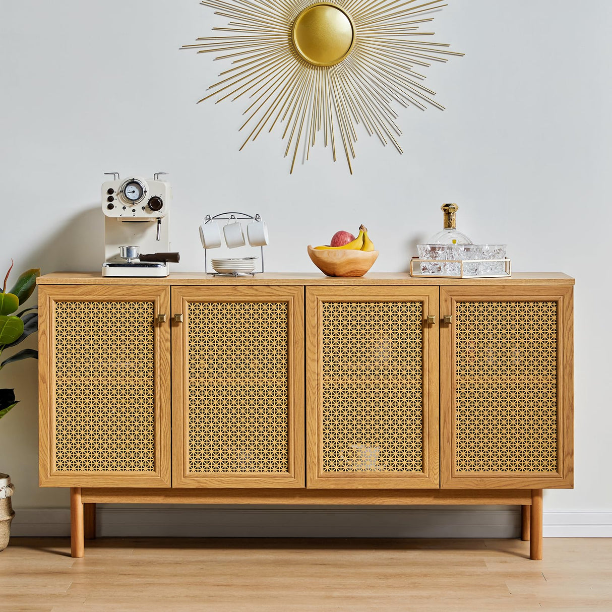 AMERLIFE 63" Sideboard Buffets Cabinet, 2-Adjustable Shelves Sideboard with 4 Doors, Large Accent Storage Credenzas for Living Room, Dining Room, Bedroom, Natural AMERLIFE