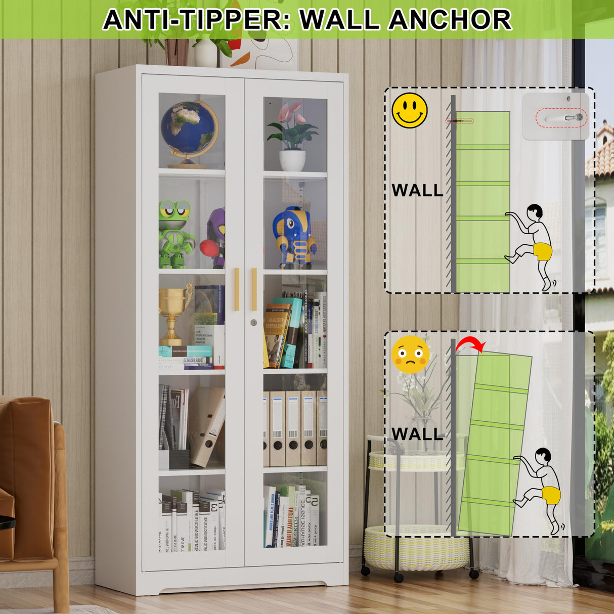 UNICOLY Storage Cabinet with Doors and Shelves, Display Cabinet with Glass Doors, Pantry Cabinet, Curio Cabinet with Locking Doors, Metal Storage Cabinet for Office,Kitchen,Living Room 71” H White UNICOLY