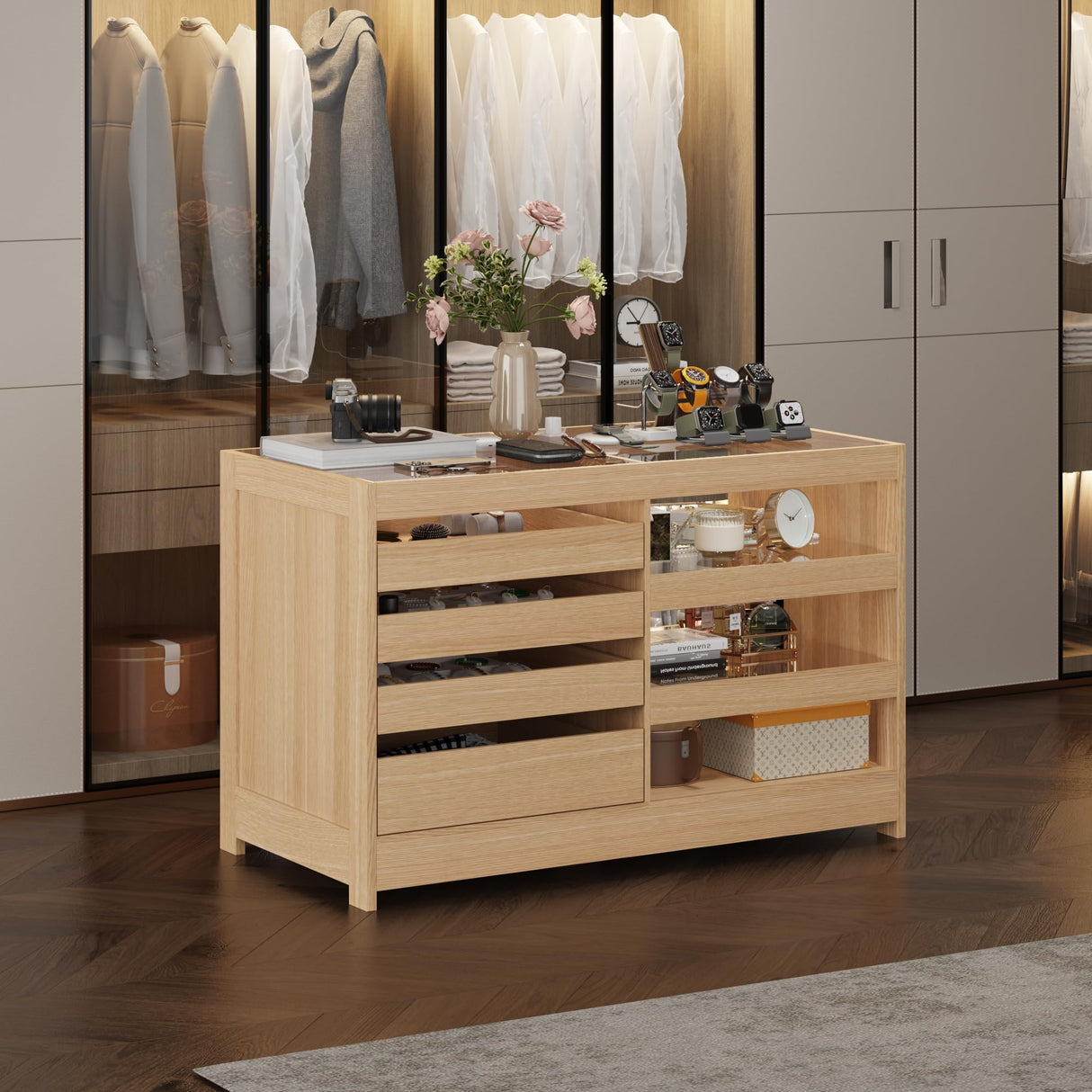 Homsee Armoire Bedroom Island with Glass Top & Shelves, Freestanding Wardrobe Closet with 4 Handleless Drawers, Walk-in Closet Island Display Dresser for Bedroom Shops, Light Brown Homsee