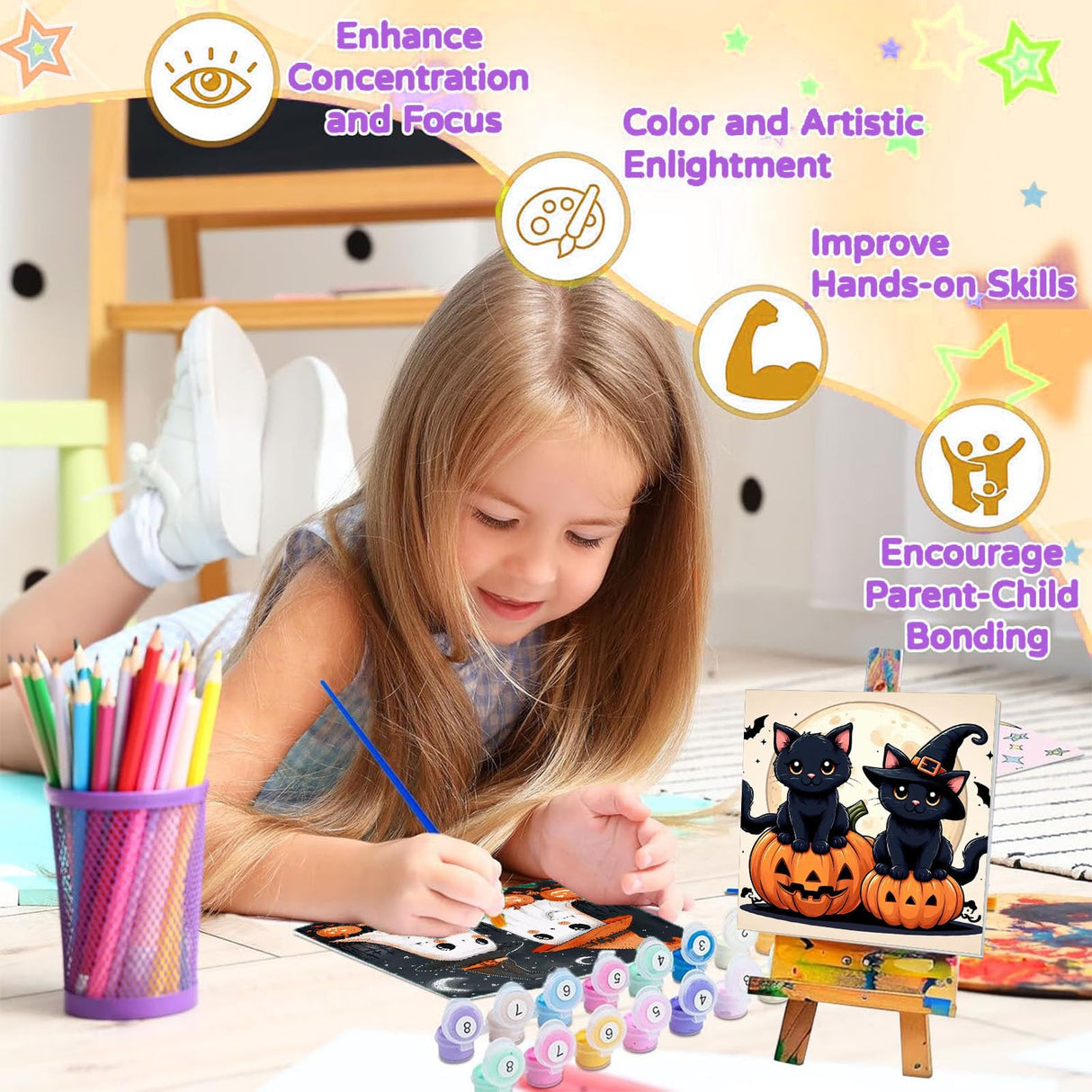 cviokrdu 2 Pack Paint by Numbers Kit for Kids with Frame-Wooden Easel, Halloween Paint by Numbers for Kids Ages 4 8 12, Easy Halloween Acrylic Oil Painting Kits for Home Wall Decoration 8x8 inch cviokrdu