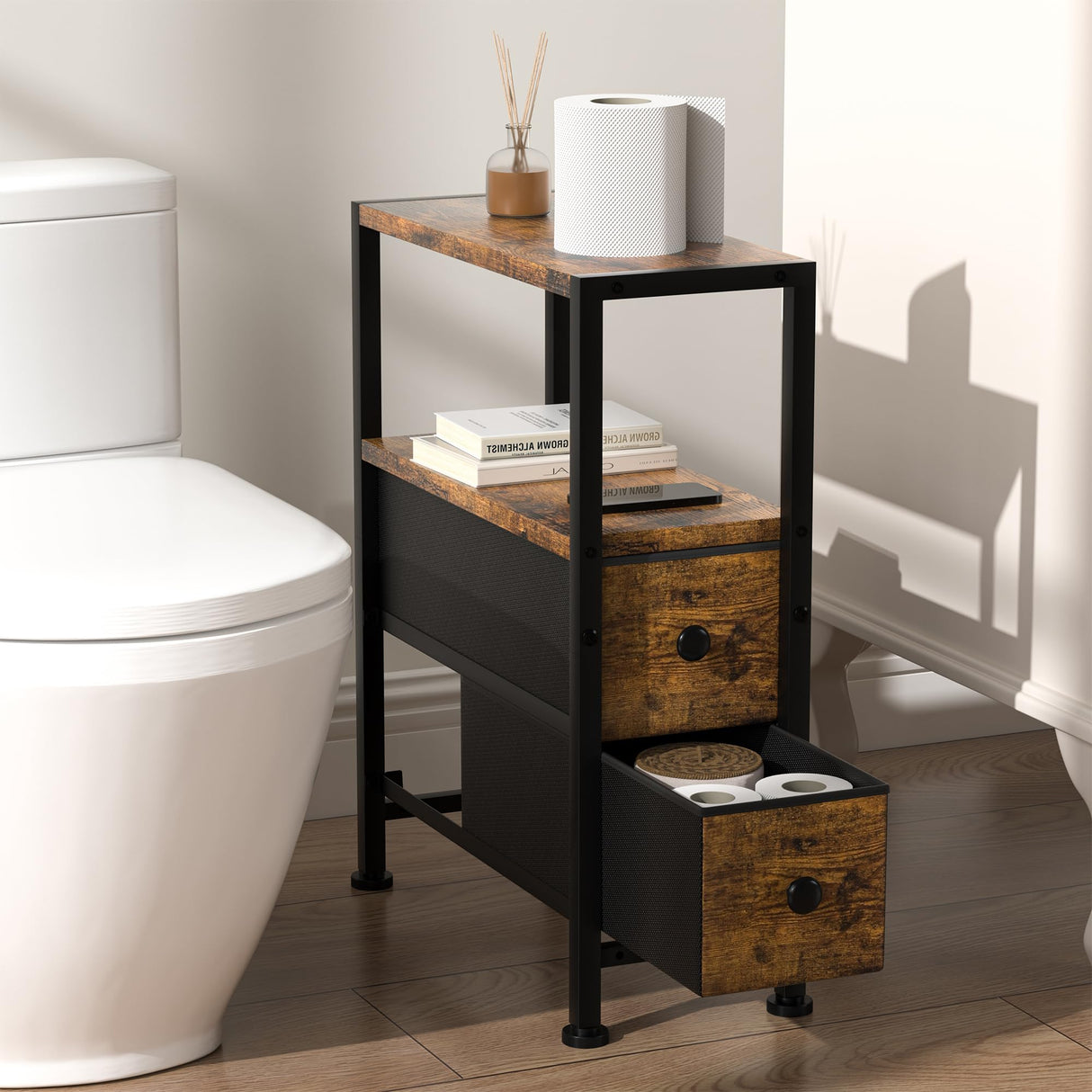 Small Narrow Side Table with Drawers, Skinny End Table for Small Spaces, Slim Nightstand with Storage, Sofa Bedside Table in Living Room, Bedroom, Study, Kitchen and Balcony (Rustic Brown) Homedawn