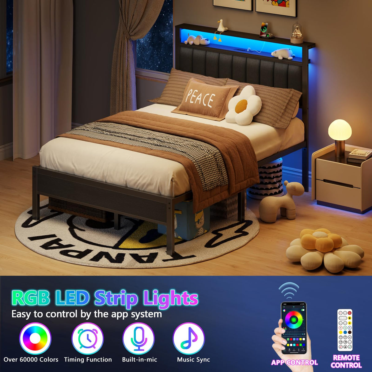 Furnulem Full Size Bed Frame with Charging Station and LED Lights, Platform Bed with Metal Slats, Grey Upholstered Headboard with 2-Tier Storage Shelves, No Box Spring Needed Furnulem