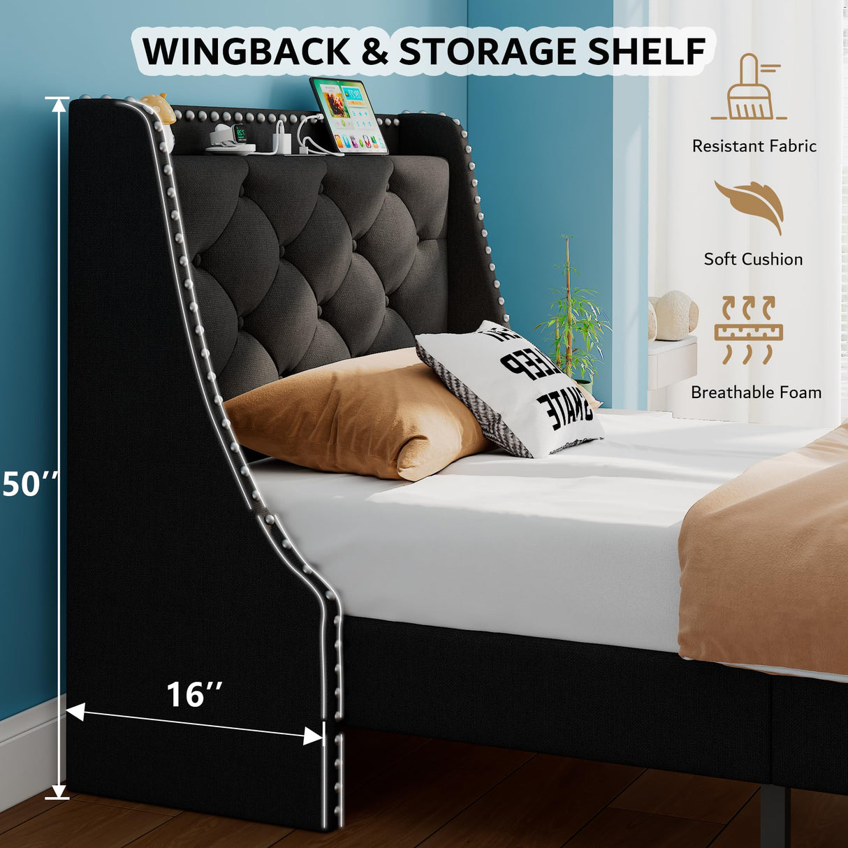 iPormis Twin Bed Frame with 16" Comfort Wingback & Charging Station, Upholstered Platform Bed with Button Tufted Storage Headboard, Solid Wood Slats Support, No Box Spring Needed, Black iPormis