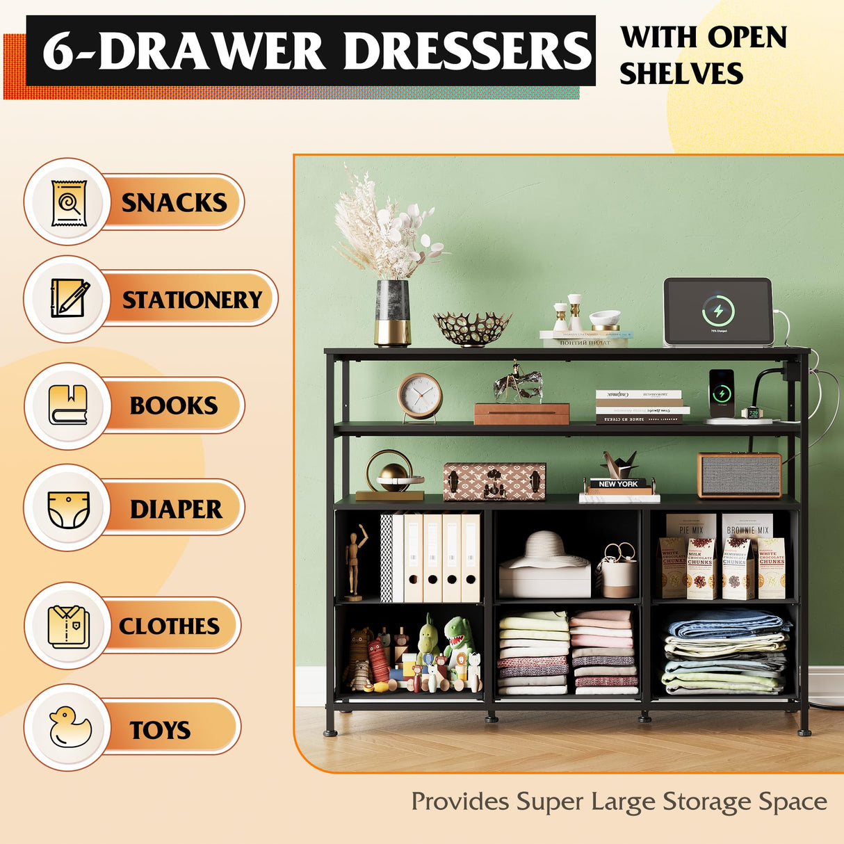 WLIVE Led Dresser TV Stand for Bedroom, Entertainment Center with LED Lights and Power Outlet, 6 Drawer Drawer Dressers with Double Open Shelves, Black TV Stands WLIVE