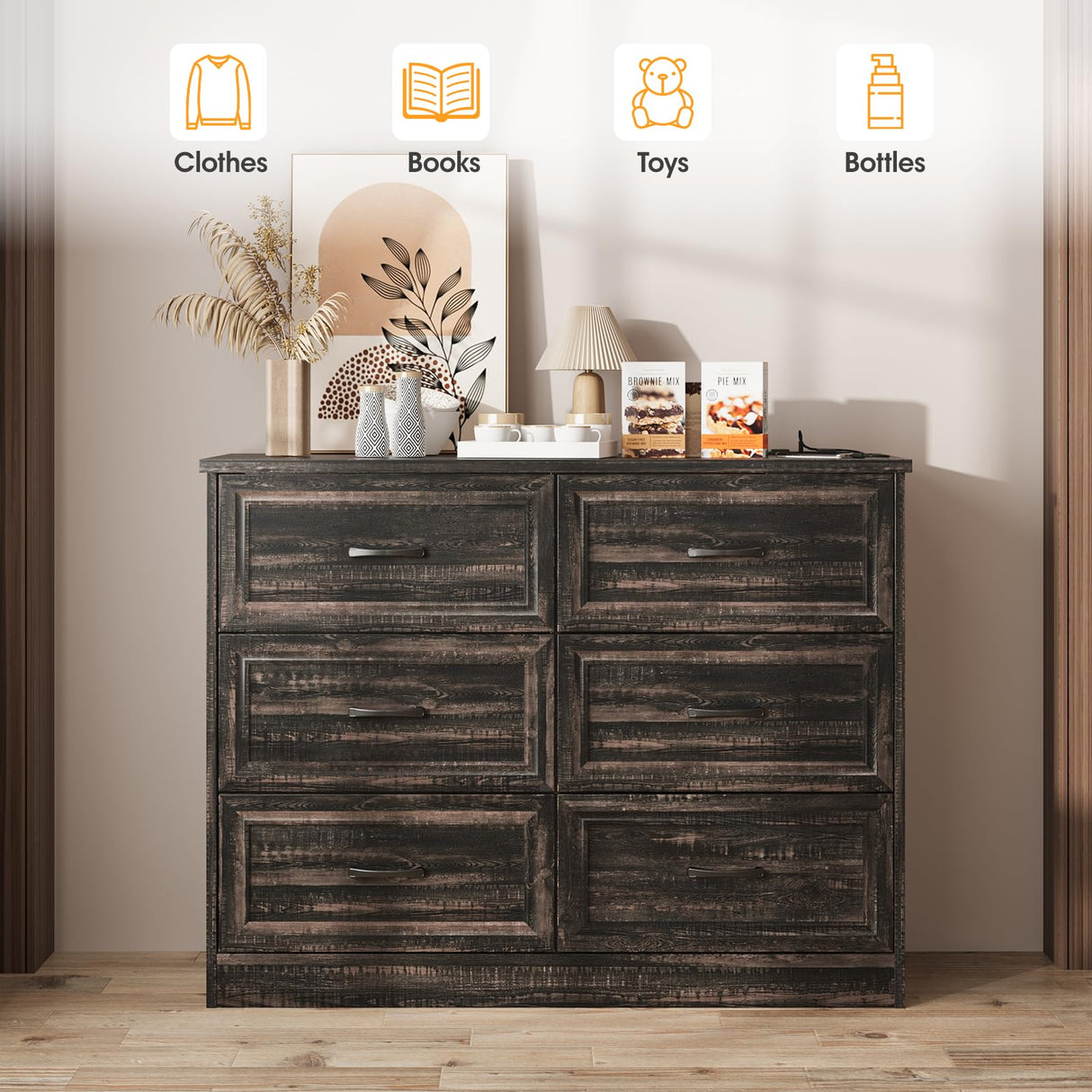 Fameill Dresser for Bedroom, 6 Drawer Wide Dressers Organizer with Charging Station for Hallway with Metal Handles, Dark Brown Fameill