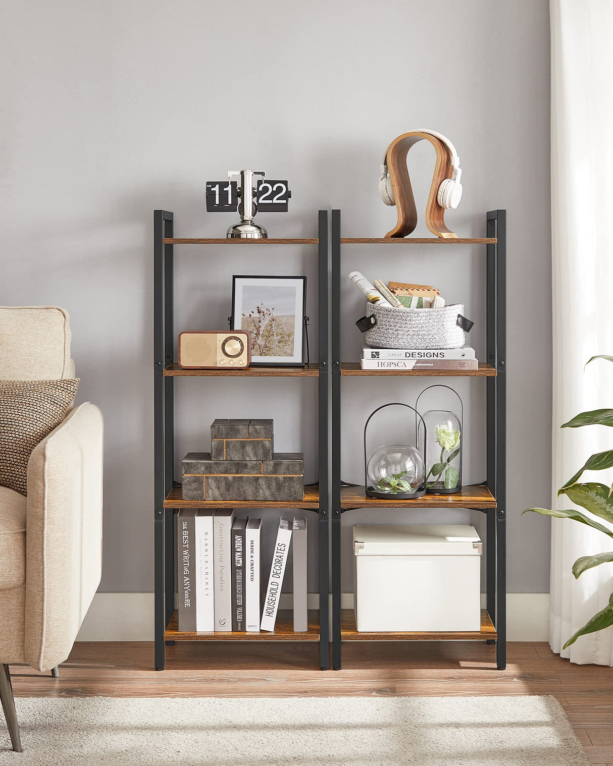 VASAGLE 4-Tier Tall Bookshelf, Bookcase with Steel Frame, Book Shelf for Living Room, Home Office, Study, 9.4 x 15.7 x 42.1 Inches, Industrial Style, Rustic Brown and Black ULLS099B01 VASAGLE