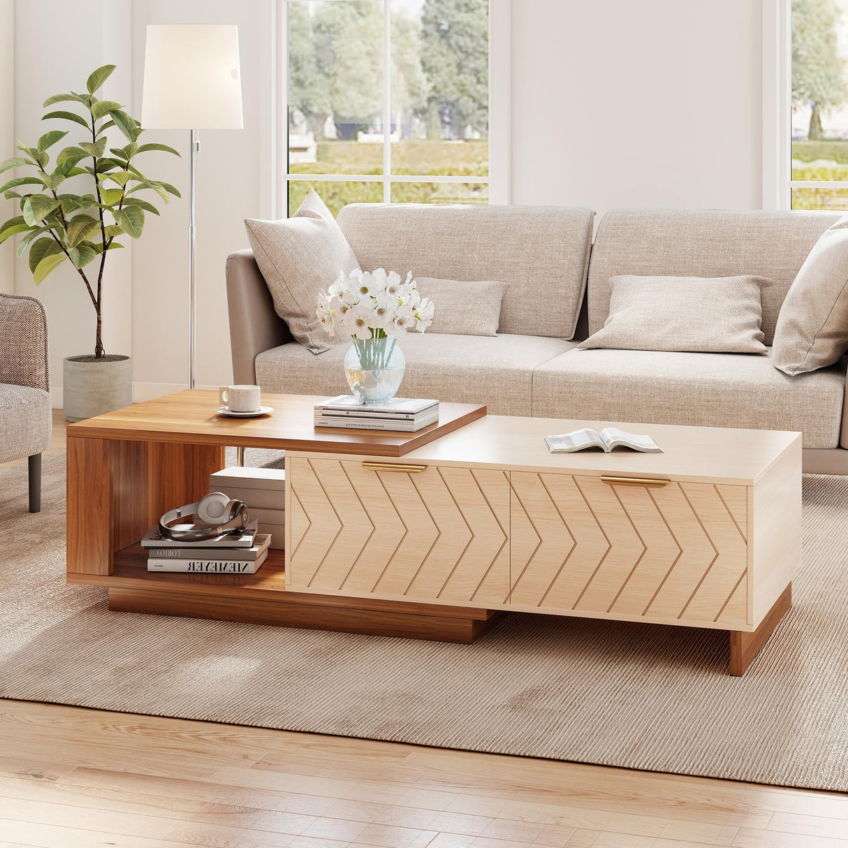 Aivermeil 42"- 65" Extendable Coffee Table with Storage, Reversible Wood Coffee Table with 2 Drawers, Two-Tone Large Adjustable Center Table for Living Room, Office (Walnut A) Aivermeil