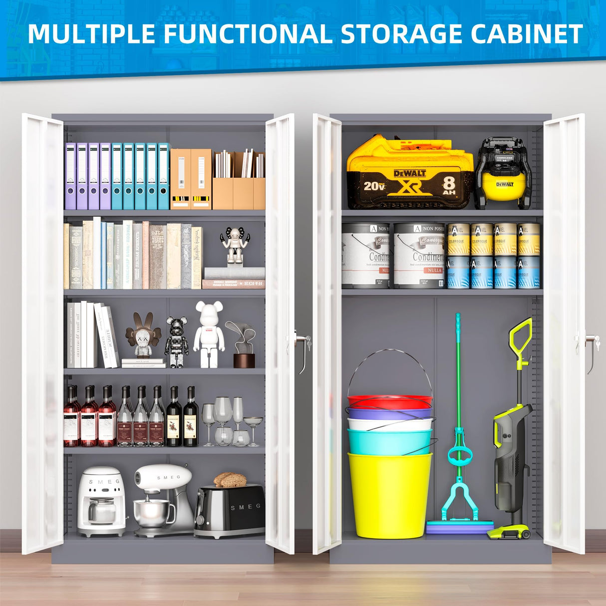 Superday Metal Storage Cabinets, 72" Storage Cabinet with Locking Door, Tall Garage Cabinet with 2 Doors and 4 Adjustable Shelves for Home Office, Classroom, Easy Assemble(White Grey) Superday