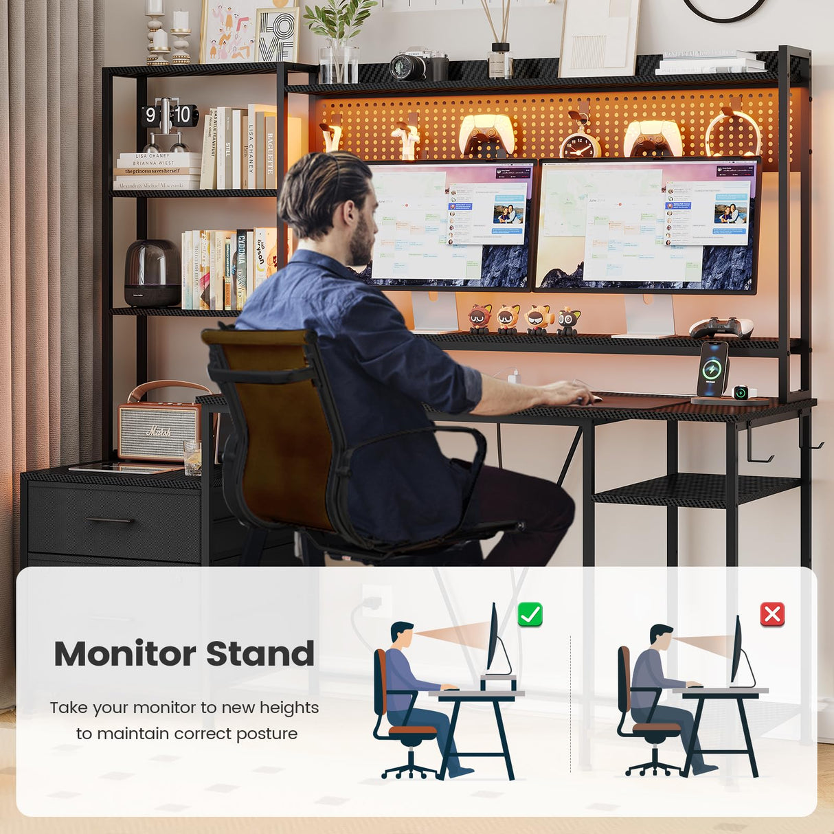 Gaming Desk with Hutch, 65in Reversible Computer Desk with Power Outlets LED Light, Home Office Desk with Monitor Stand 2 Drawers 4 Storage Shelves Pegboard 8 Hooks Mouse Pad(Carbon Fiber Black) UPOSOJA