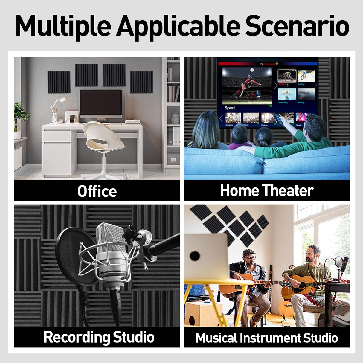 HERTBER-24 Pack Sound Proof Foam Panels for Walls Self-adhesive Grooved Black Acoustic Panels 12x12x2 Inches Soundproof Wall Panels High Density Acoustic Foam for Echoes Absorption and Noise Reduction HERTBER