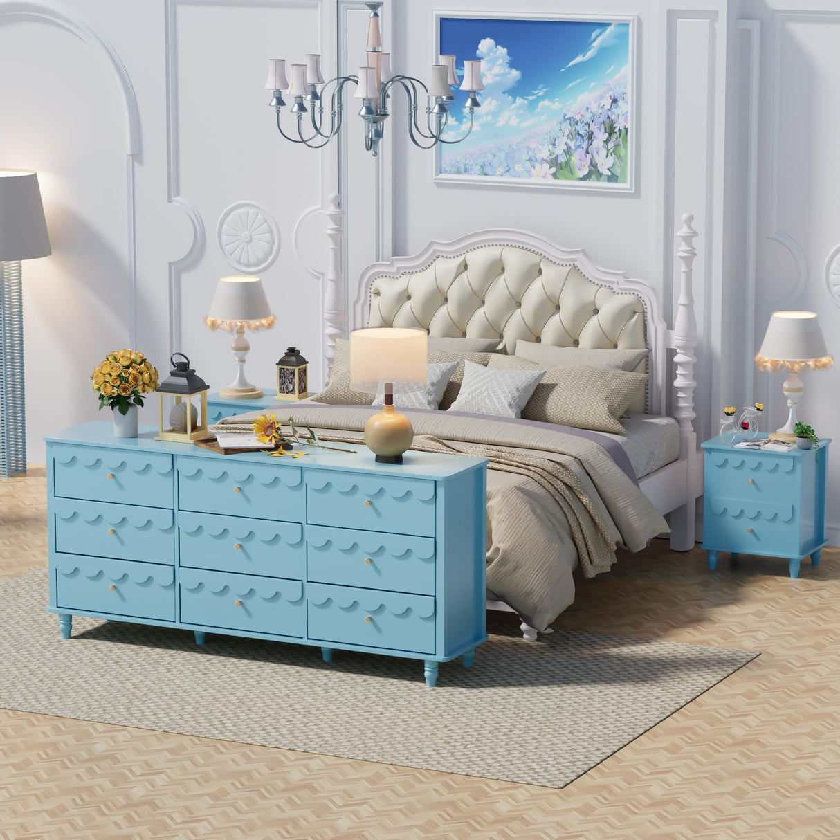 Anbuy Bedroom Set 3 PCS Scalloped 9 Drawer Dresser and Night Stand Sets for Bedroom, Two Drawers Nightstand Set of 2 & Scalloped 9 Drawer Dresser Combo 3 Pieces (Blue)