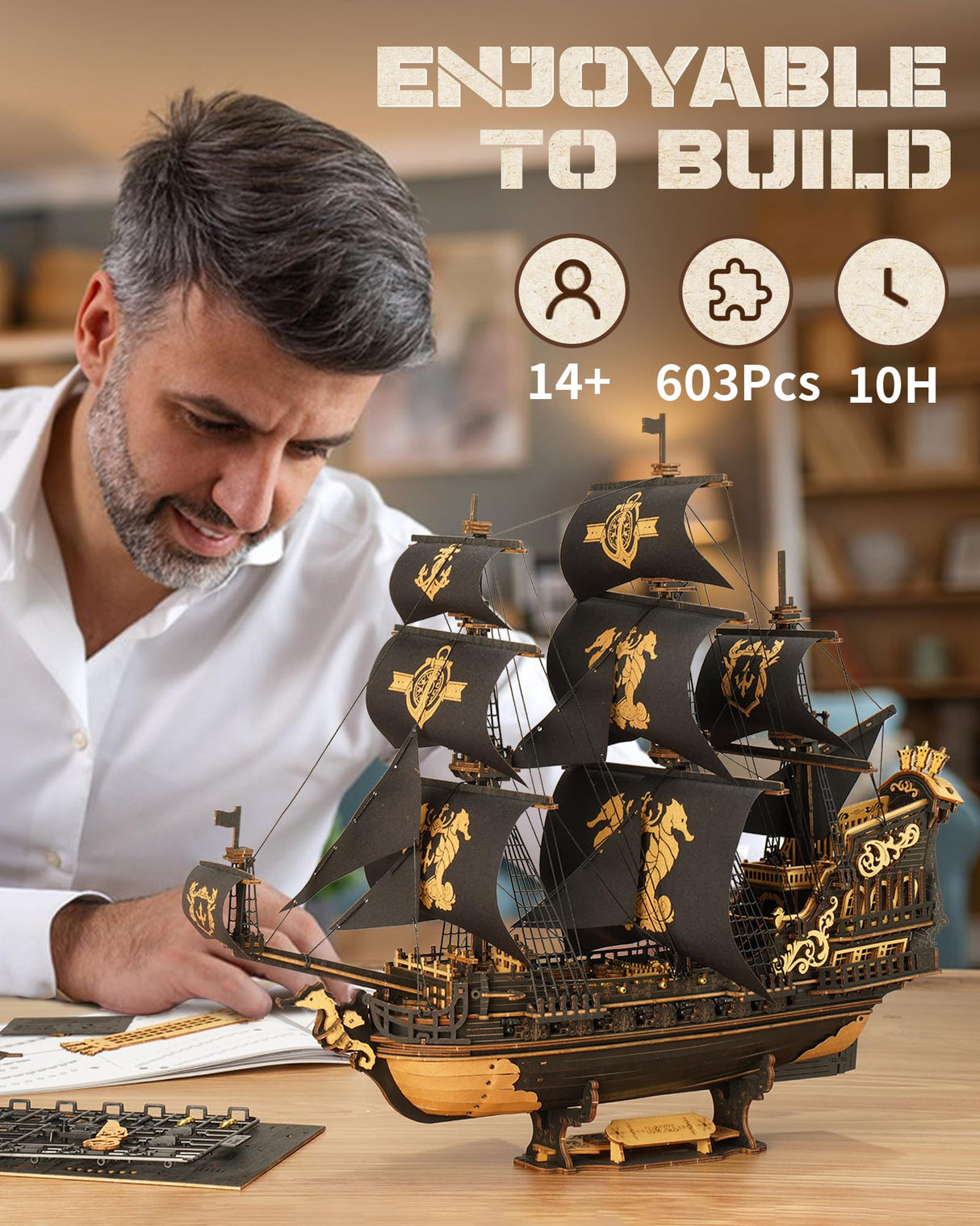 ROKR Seahorse Barque 3D Wooden Puzzle for Adult - Sailboat Model Kit, 603-Piece DIY Assembly, 1:100 Scale Sailboat MCB02 ROKR