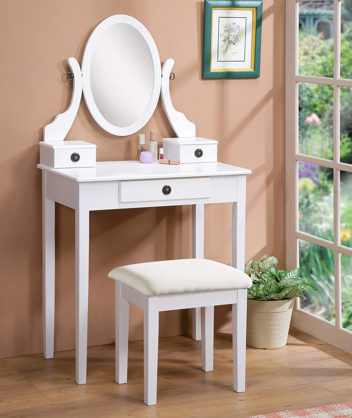 Roundhill Furniture Moniya White Wood Vanity Table and Stool Set (3415WH) Medium Roundhill Furniture