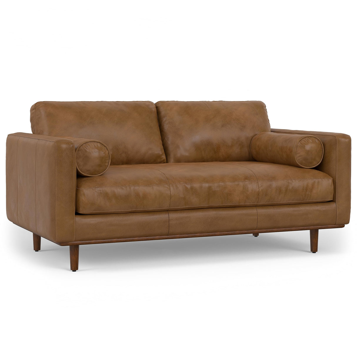 SIMPLIHOME Morrison 72-inch Wide Sofa in Caramel Brown Top Grain Genuine Leather, Mid-Century Modern-Style Loveseat for Living Room, Single Bench Cushion, Removable Back Cushions, 2 Bolster Pillows SIMPLIHOME