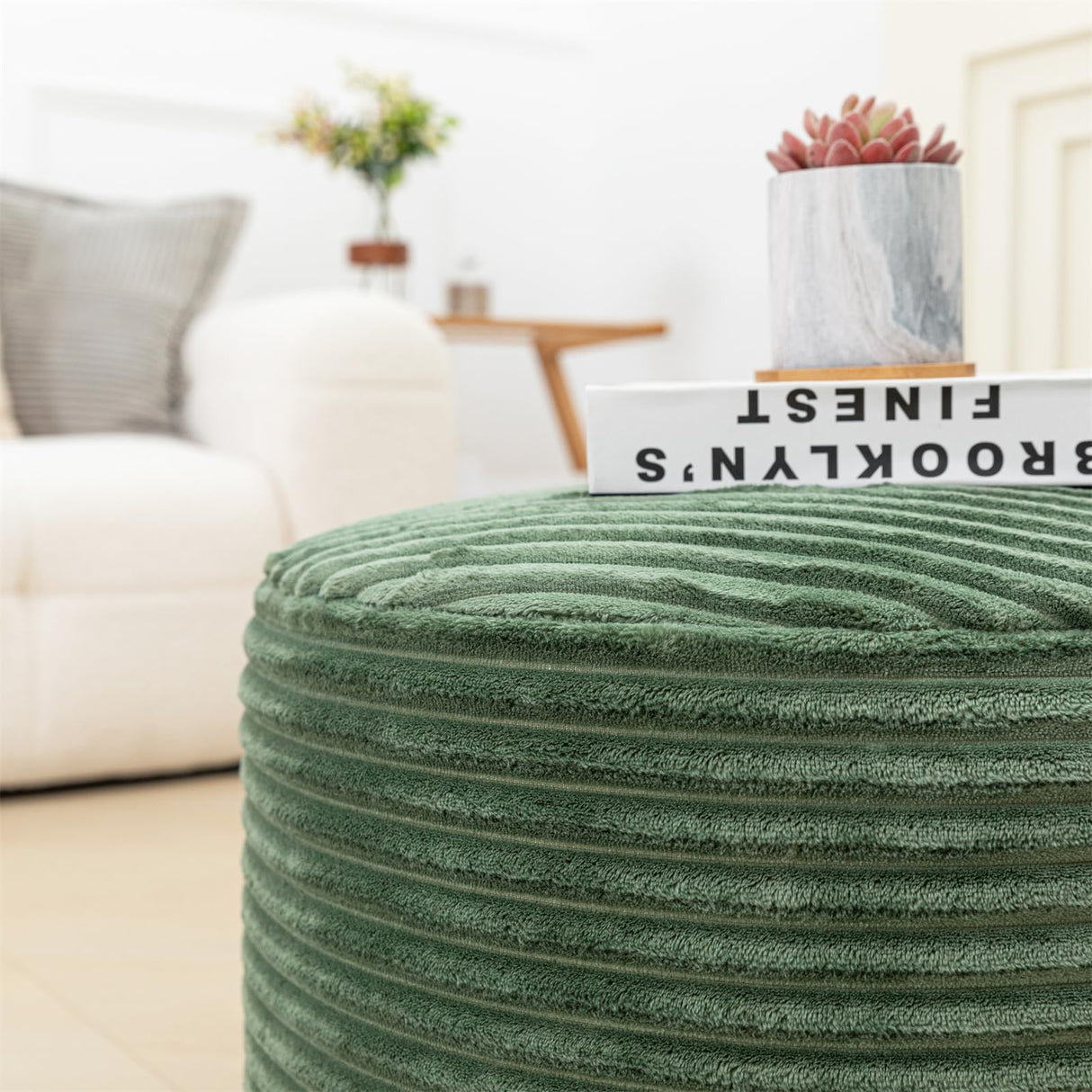 Stuffed Pouf Ottoman with High Density Foam Filler Plush Fiber Ottoman Poufs Pouf Stool Ottoman Round Foot Stool Storage Ottoman 20 x 12 Inches Floor Pouf Ottoman Foot Rest for Living Room Green AbunHeri