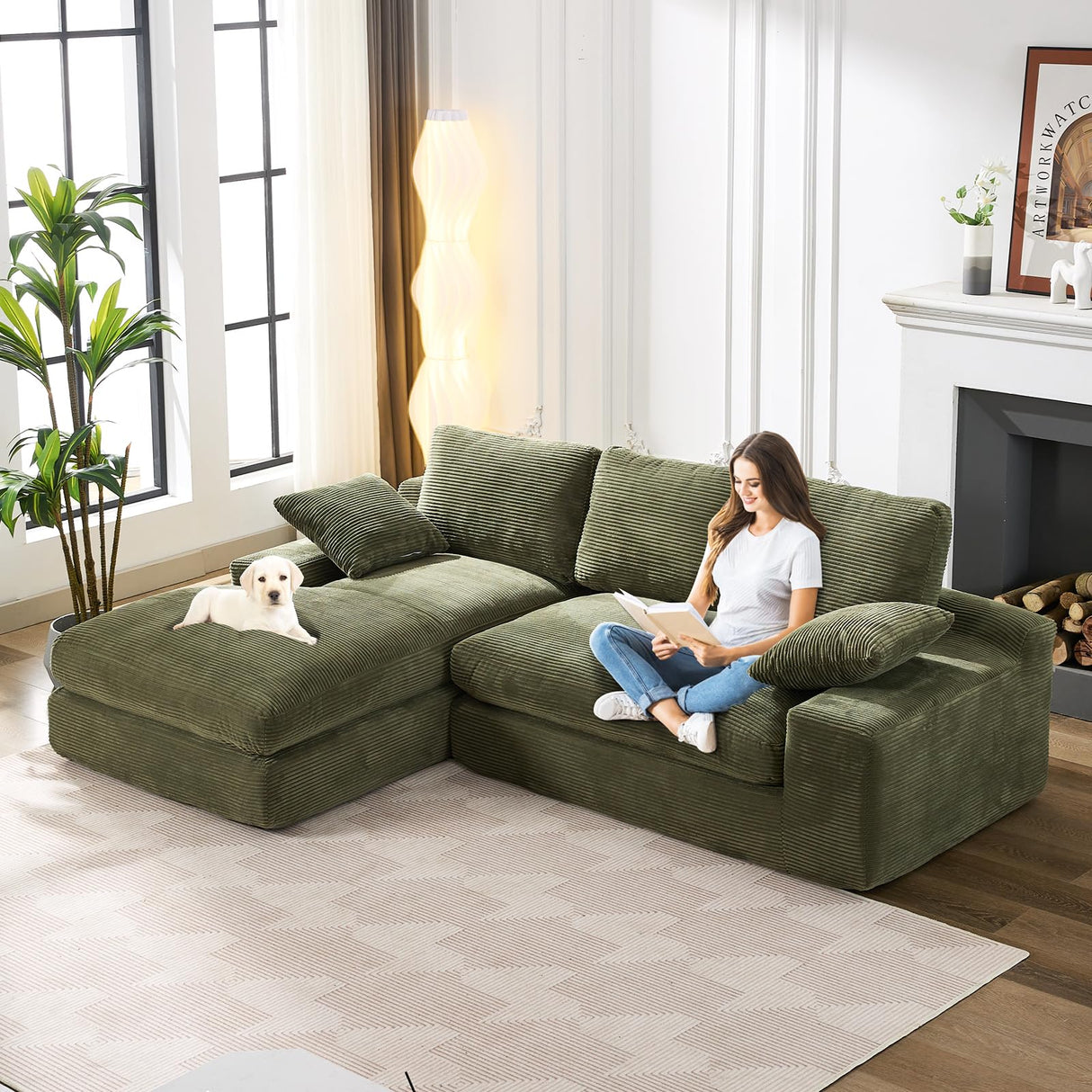 98.4" Green Sectional Sofa Cloud Modular Sectional Couch with Chaise,Corduroy Sectional Couches L-Shaped Modern Upholstered Sofa with Deep Seat for Living Room and Bedroom,No Assembly Required(Green) XSZD