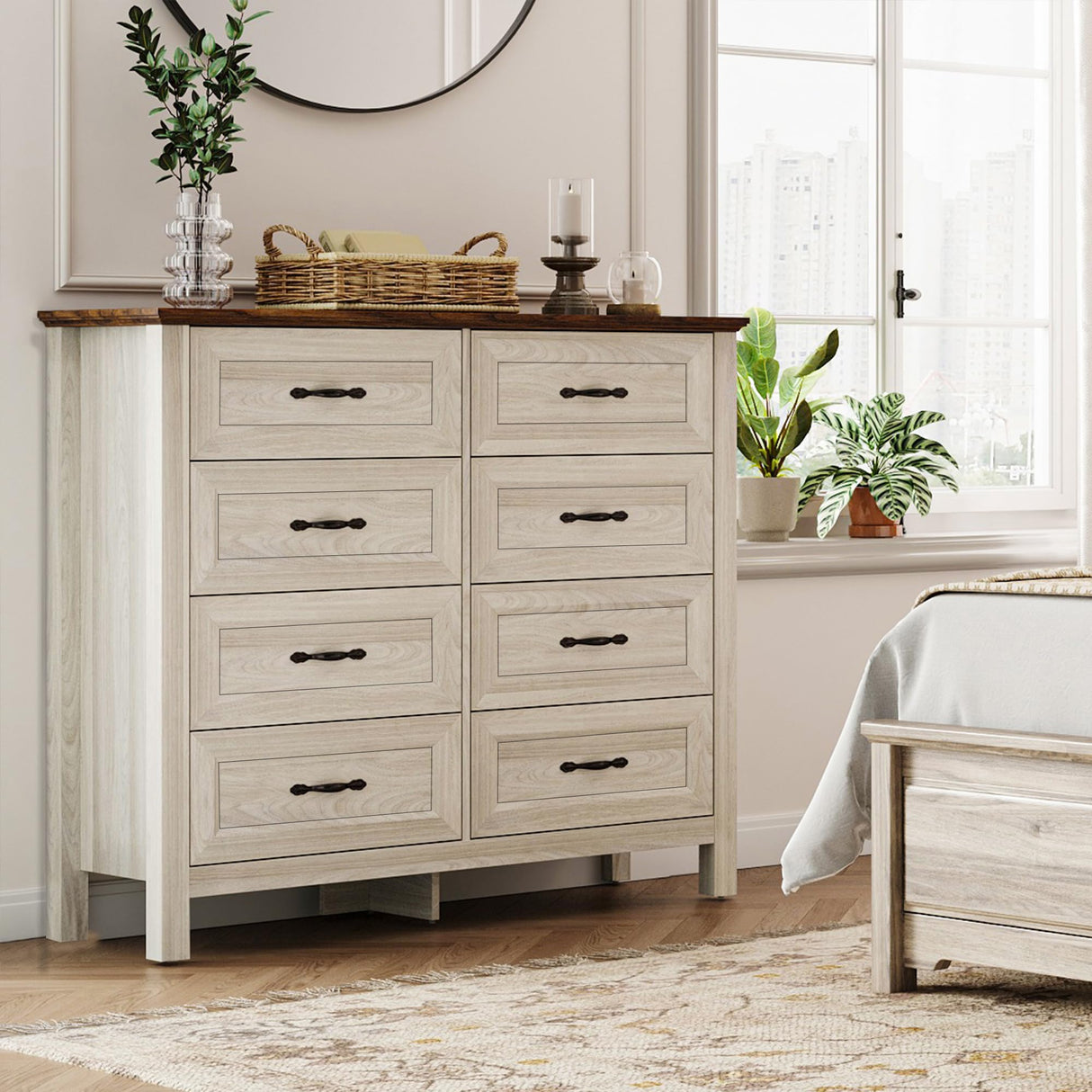 LINSY HOME Dresser for Bedroom with 8 Drawers, Updated Wide Chest of Drawers, Modern Farmhouse Bedroom Tall Dresser with Storage Organizer, Wooden Dressers for Living Room, Beige LINSY HOME