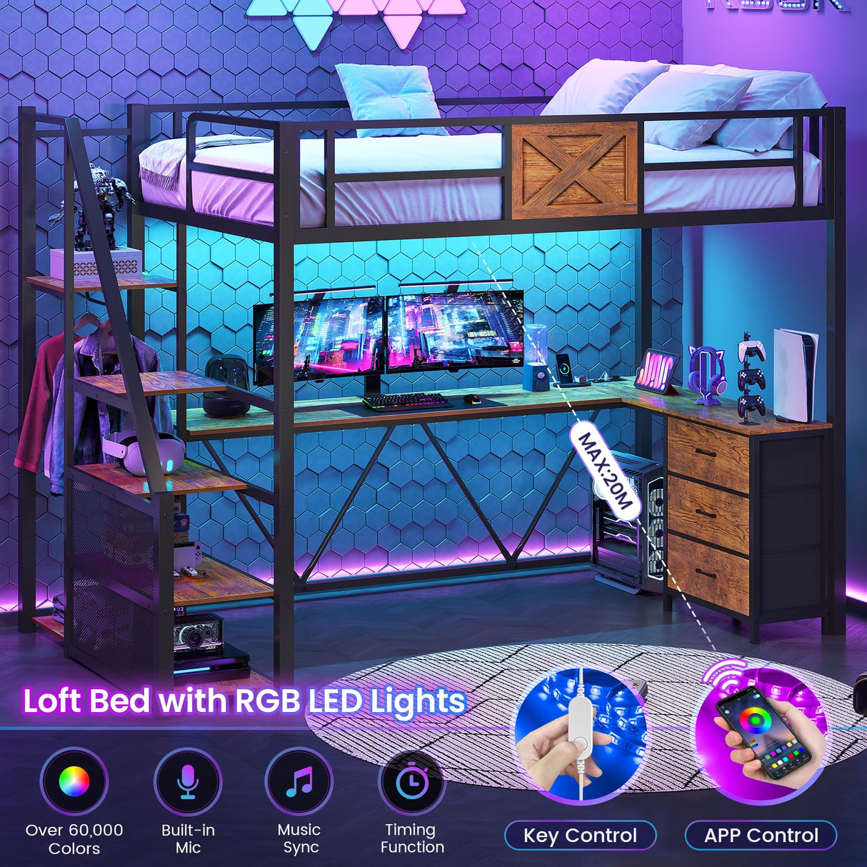 Itaar Stairway Twin Size Loft Bed with L Shaped Desk and Wardrobe, Metal Loft Bed Frame with Storage Stairs, 3 Fabric Drawers, LED Lights & Charging Sation, Rustic Brown Itaar