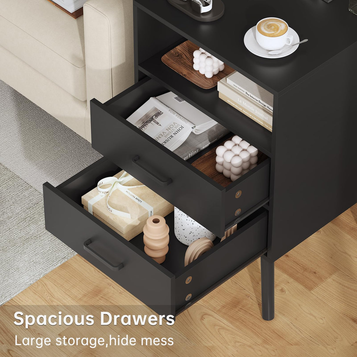 Diliplain Nightstand with Charging Station, Black Night Stand with LED Lights, Modern Side Table with Drawers and Open Shelf, End Table with Solid Wood Legs for Bedroom Diliplain