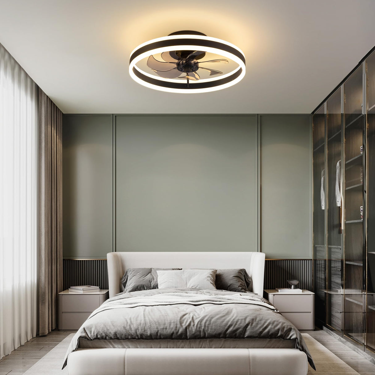 KDG 15.8" Low Profile LED Ceiling Fans with Light, Reversible Flush Mount with Remote and 6 Winds Speeds Fan Lighting, 3 Colors Dimmable for Bedroom, Living Room, Kids, Dinning Room, Kitchen (Black) KDG