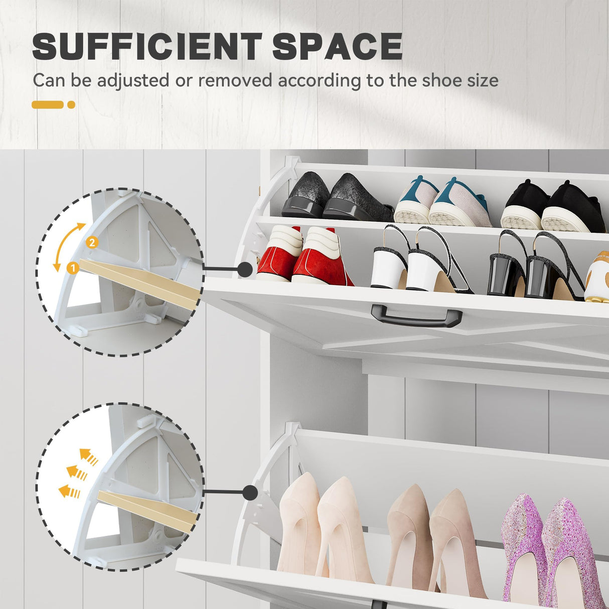 DWVO Farmhouse Shoe Cabinet Bench with 2 Flip Drawers for 16 Pairs, Chic Entryway Bench and Rustic Design for Living Rooms and Hallways (White) DWVO